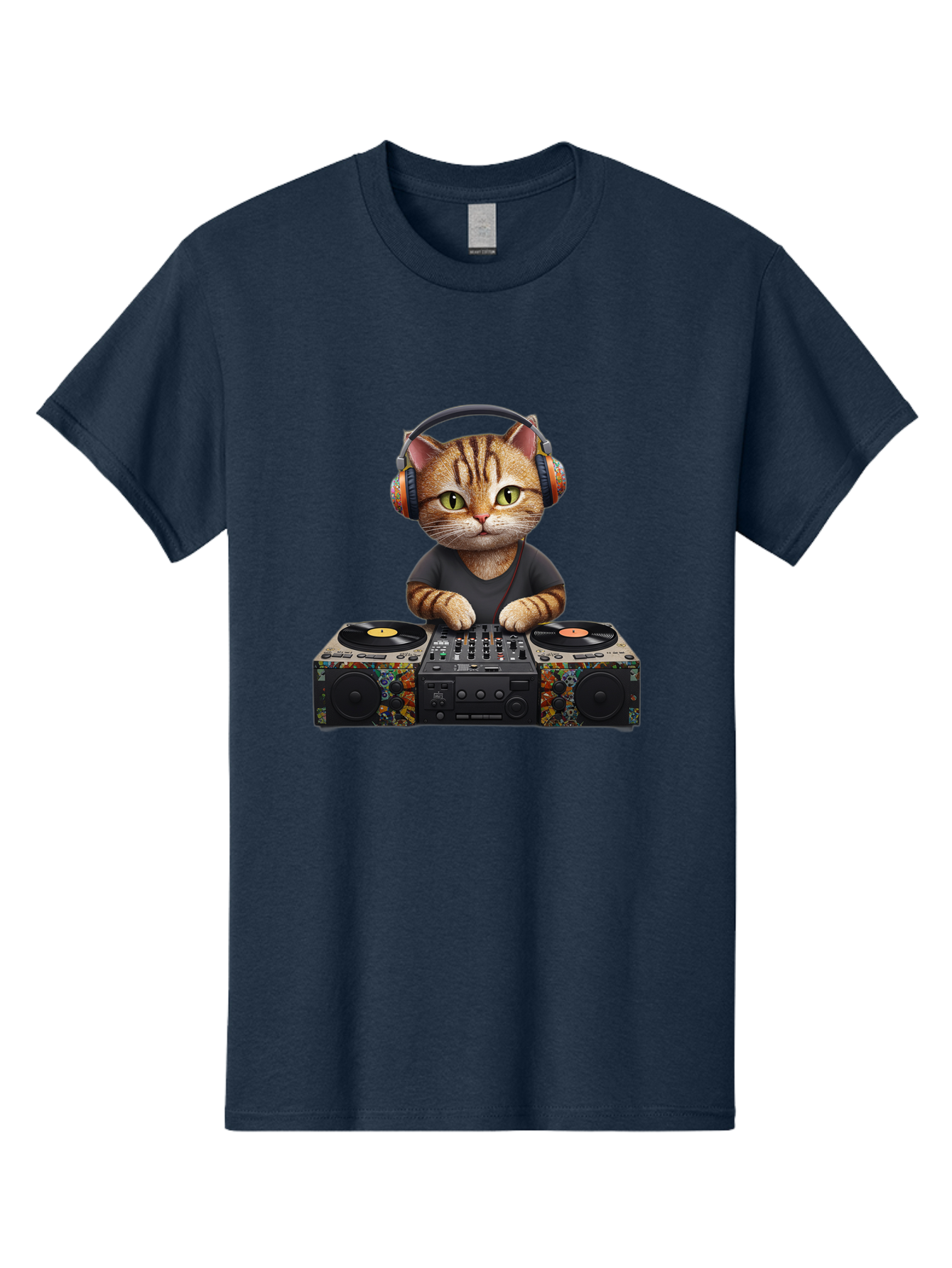 Dj-Cat-1 Men'S Graphic Tee, 100% Cotton, Comfortable Casual Summer Wear, Machine Washable, Cat Wearing Headphones, Dj Equipment, Turntables, Mixer, Music Production, Electronic Dance Music, Feline Dj, Vinyl Records, Music Mixing, Bad035