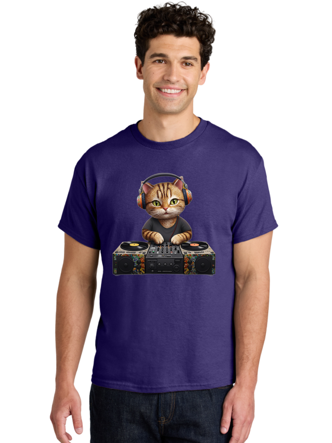 Dj-Cat-1 Men'S Graphic Tee, 100% Cotton, Comfortable Casual Summer Wear, Machine Washable, Cat Wearing Headphones, Dj Equipment, Turntables, Mixer, Music Production, Electronic Dance Music, Feline Dj, Vinyl Records, Music Mixing, Bad035