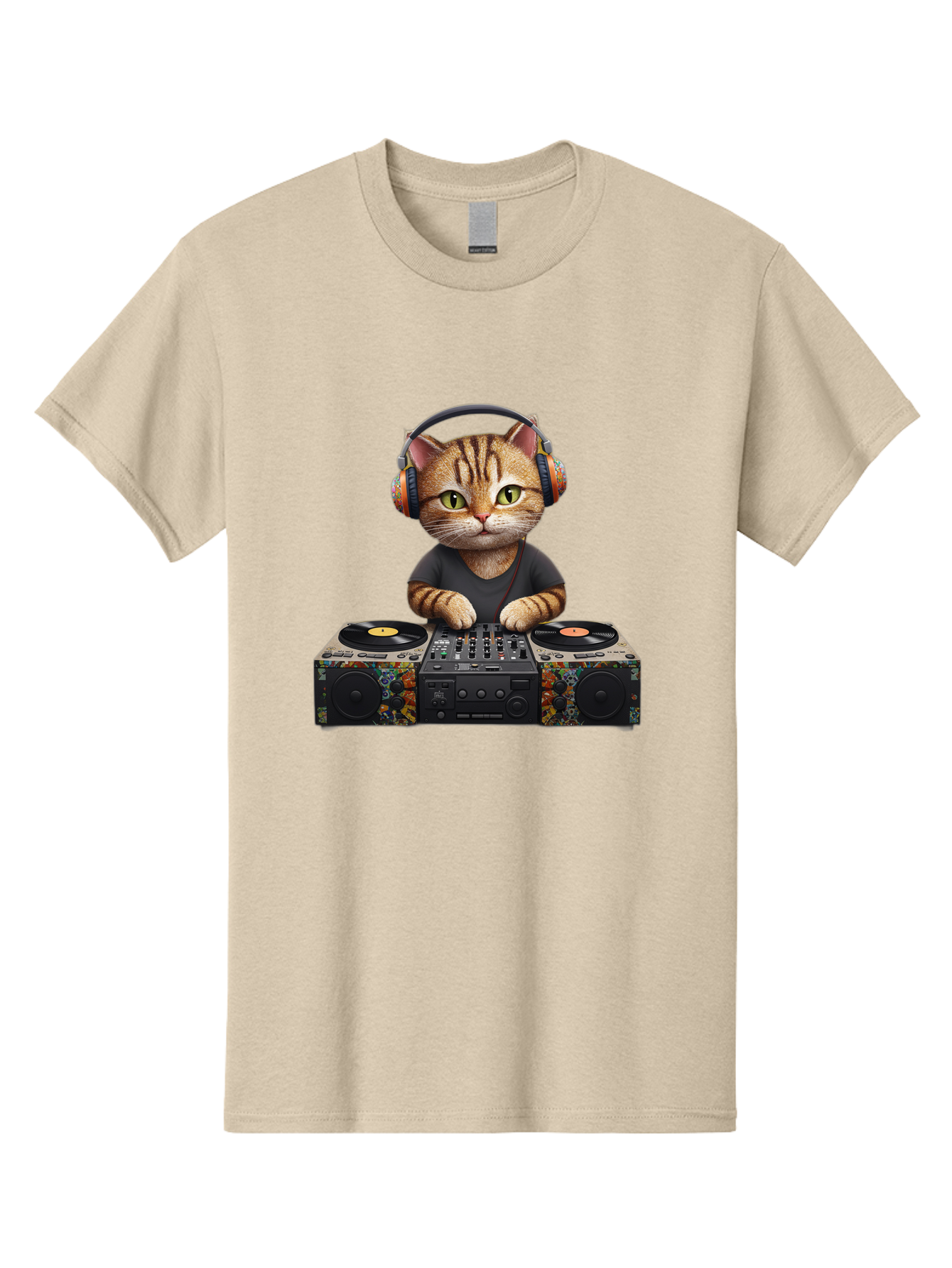 Dj-Cat-1 Men'S Graphic Tee, 100% Cotton, Comfortable Casual Summer Wear, Machine Washable, Cat Wearing Headphones, Dj Equipment, Turntables, Mixer, Music Production, Electronic Dance Music, Feline Dj, Vinyl Records, Music Mixing, Bad035