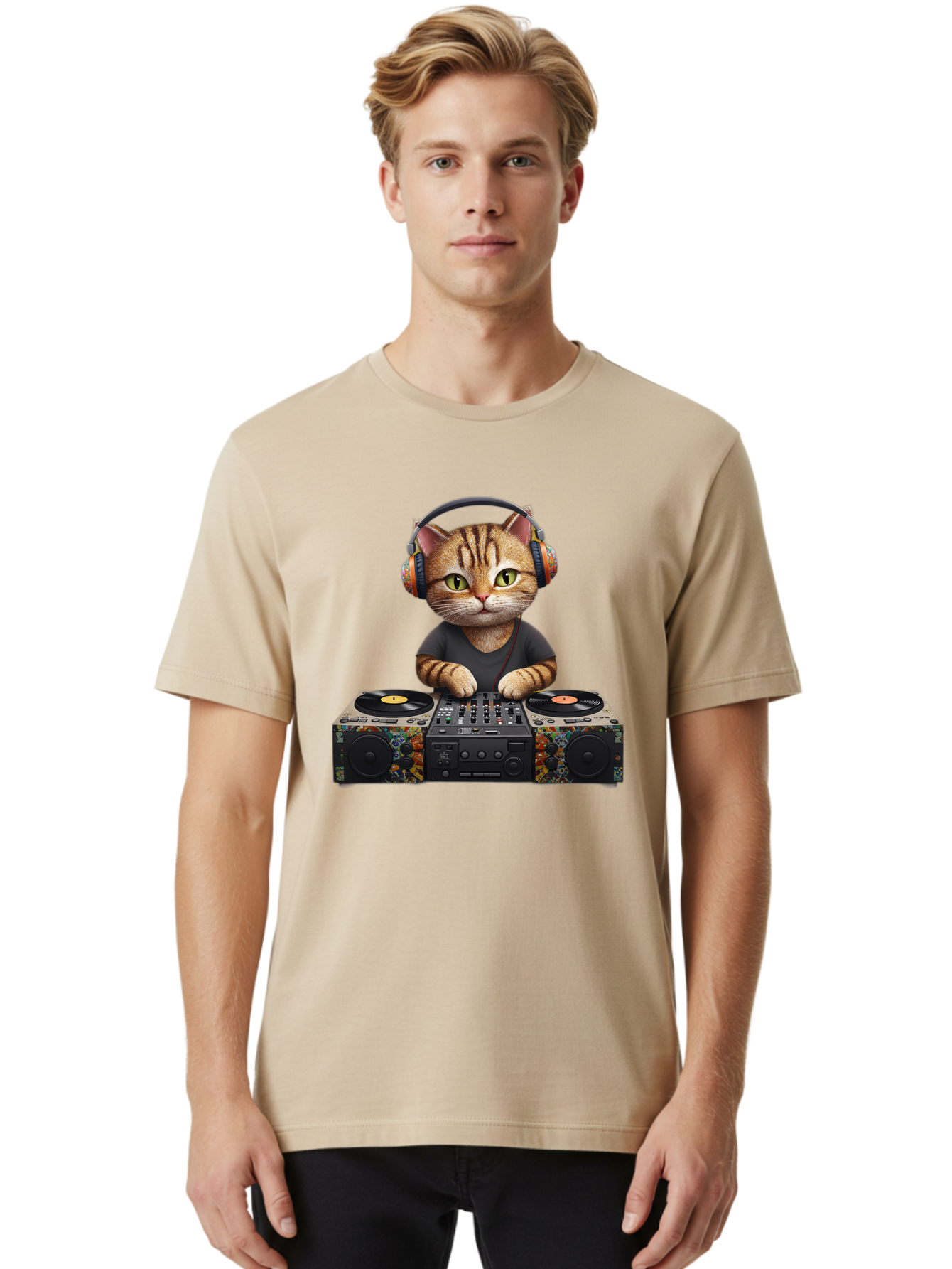 Dj-Cat-1 Men'S Graphic Tee, 100% Cotton, Comfortable Casual Summer Wear, Machine Washable, Cat Wearing Headphones, Dj Equipment, Turntables, Mixer, Music Production, Electronic Dance Music, Feline Dj, Vinyl Records, Music Mixing, Bad035