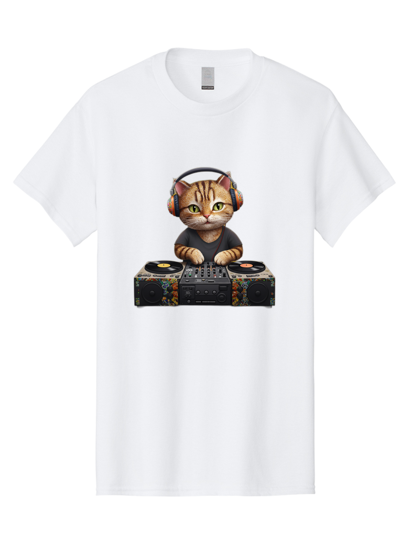 Dj-Cat-1 Men'S Graphic Tee, 100% Cotton, Comfortable Casual Summer Wear, Machine Washable, Cat Wearing Headphones, Dj Equipment, Turntables, Mixer, Music Production, Electronic Dance Music, Feline Dj, Vinyl Records, Music Mixing, Bad035