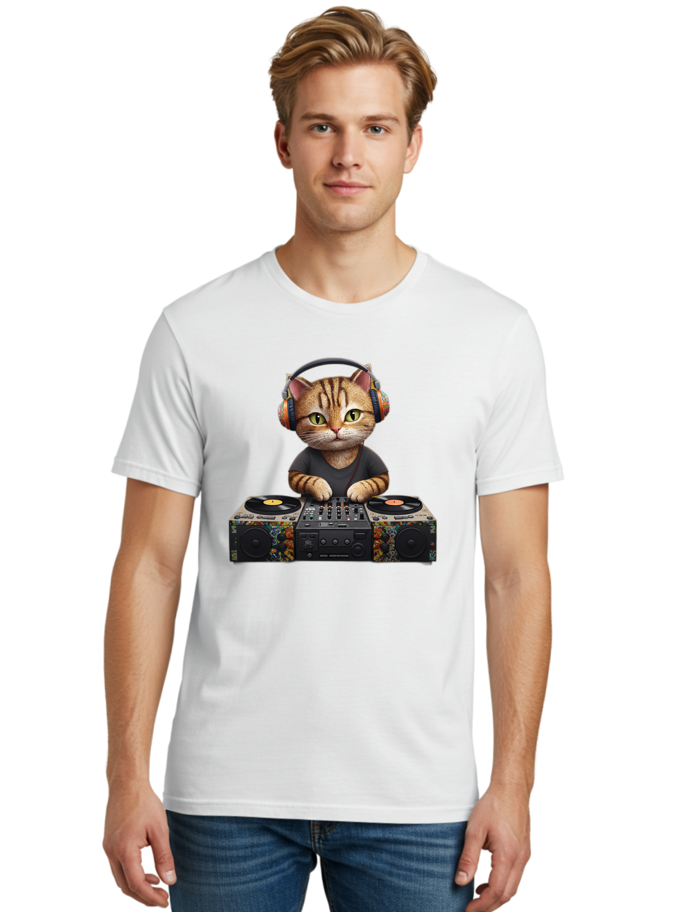 Dj-Cat-1 Men'S Graphic Tee, 100% Cotton, Comfortable Casual Summer Wear, Machine Washable, Cat Wearing Headphones, Dj Equipment, Turntables, Mixer, Music Production, Electronic Dance Music, Feline Dj, Vinyl Records, Music Mixing, Bad035
