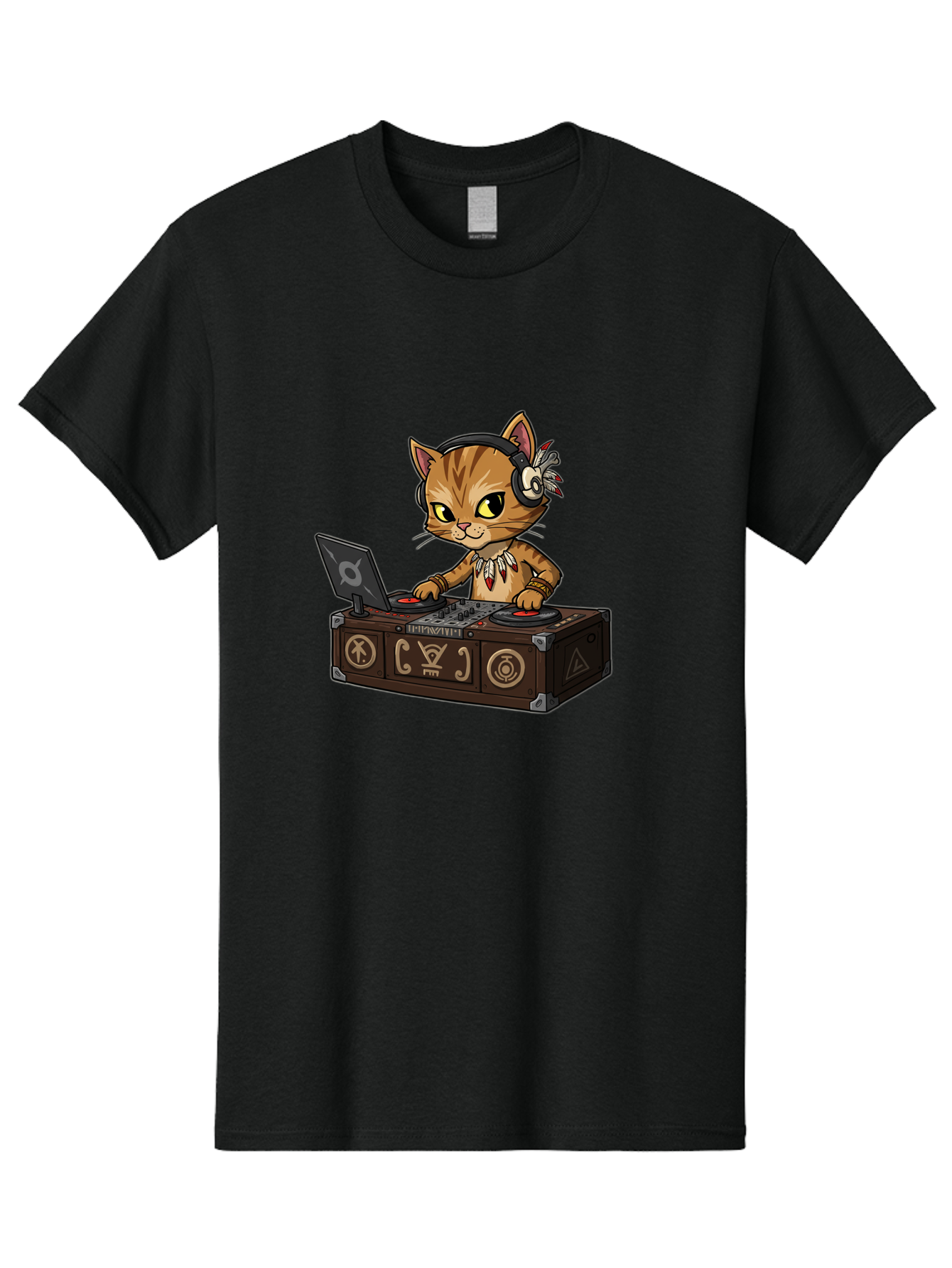 Dj-Cat-2 Men'S Graphic Tee, 100% Cotton, Comfortable Casual Summer Wear, Machine Washable, Cartoon Cat Dj, Mixing Music, Laptop And Turntables, Beat Maker, Electronic Dance Music, Dj Equipment, Feline Dj, Music Producer, Turntable Controls, Bad036