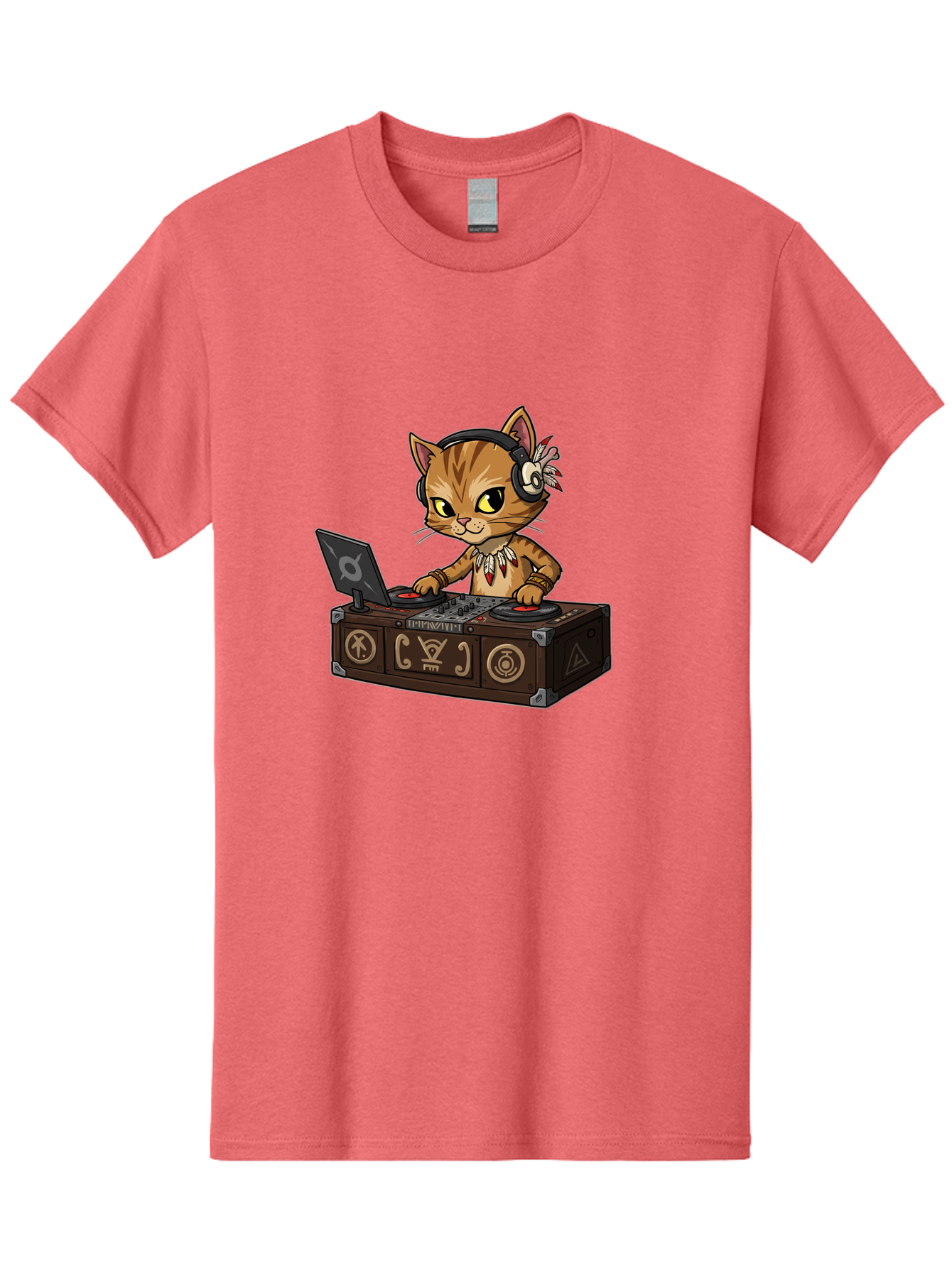 Dj-Cat-2 Men'S Graphic Tee, 100% Cotton, Comfortable Casual Summer Wear, Machine Washable, Cartoon Cat Dj, Mixing Music, Laptop And Turntables, Beat Maker, Electronic Dance Music, Dj Equipment, Feline Dj, Music Producer, Turntable Controls, Bad036