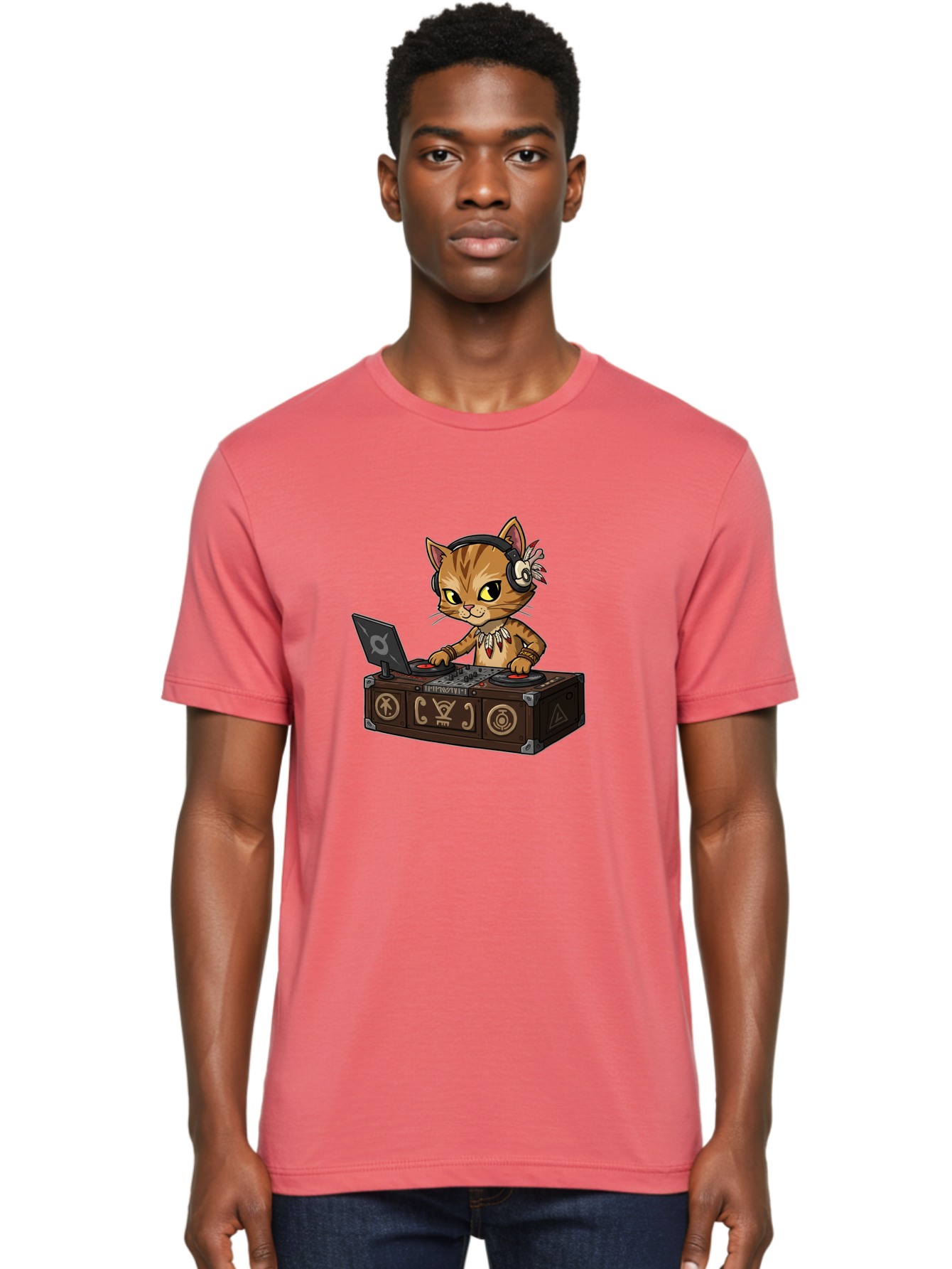 Dj-Cat-2 Men'S Graphic Tee, 100% Cotton, Comfortable Casual Summer Wear, Machine Washable, Cartoon Cat Dj, Mixing Music, Laptop And Turntables, Beat Maker, Electronic Dance Music, Dj Equipment, Feline Dj, Music Producer, Turntable Controls, Bad036