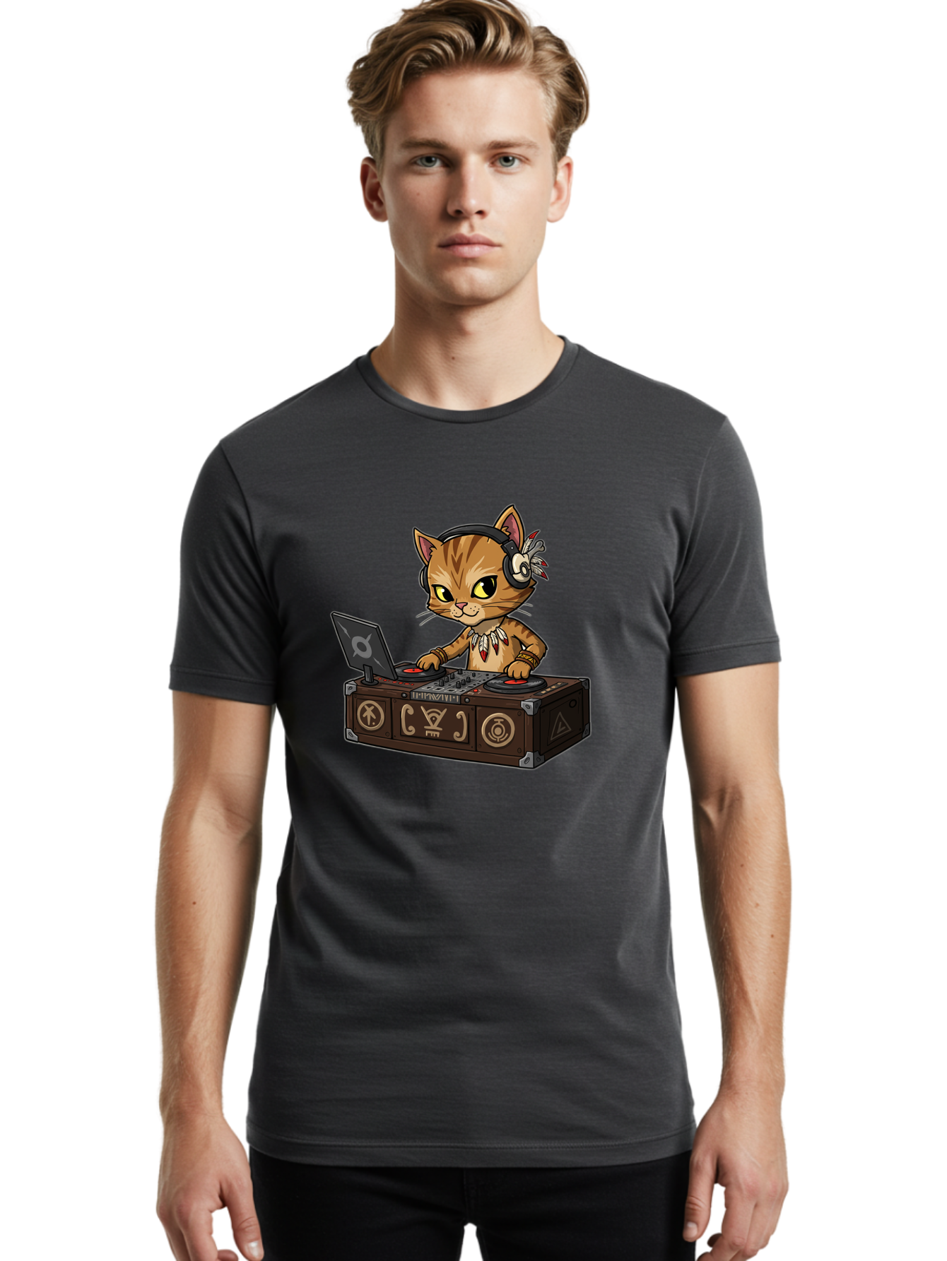 Dj-Cat-2 Men'S Graphic Tee, 100% Cotton, Comfortable Casual Summer Wear, Machine Washable, Cartoon Cat Dj, Mixing Music, Laptop And Turntables, Beat Maker, Electronic Dance Music, Dj Equipment, Feline Dj, Music Producer, Turntable Controls, Bad036
