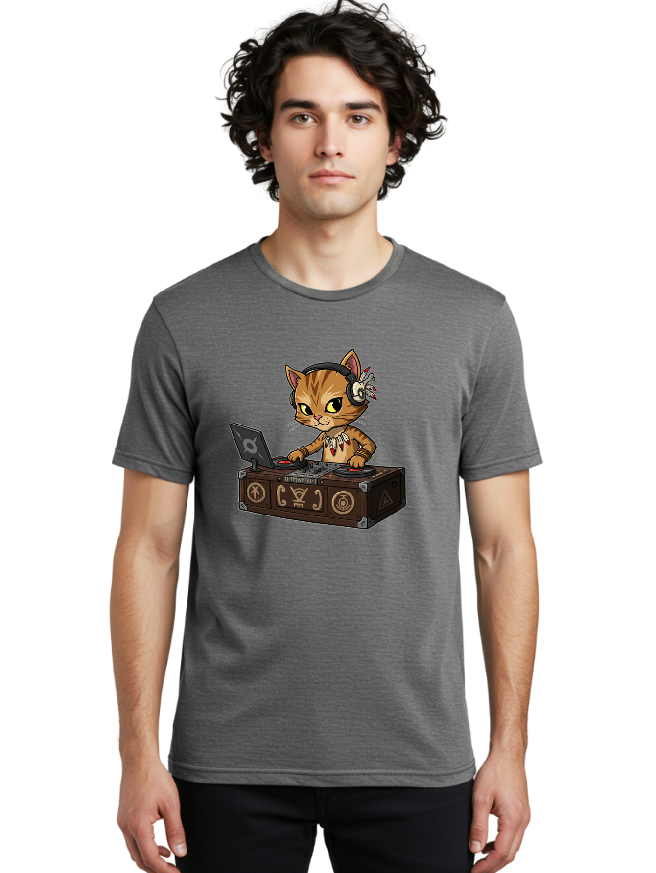 Dj-Cat-2 Men'S Graphic Tee, 100% Cotton, Comfortable Casual Summer Wear, Machine Washable, Cartoon Cat Dj, Mixing Music, Laptop And Turntables, Beat Maker, Electronic Dance Music, Dj Equipment, Feline Dj, Music Producer, Turntable Controls, Bad036