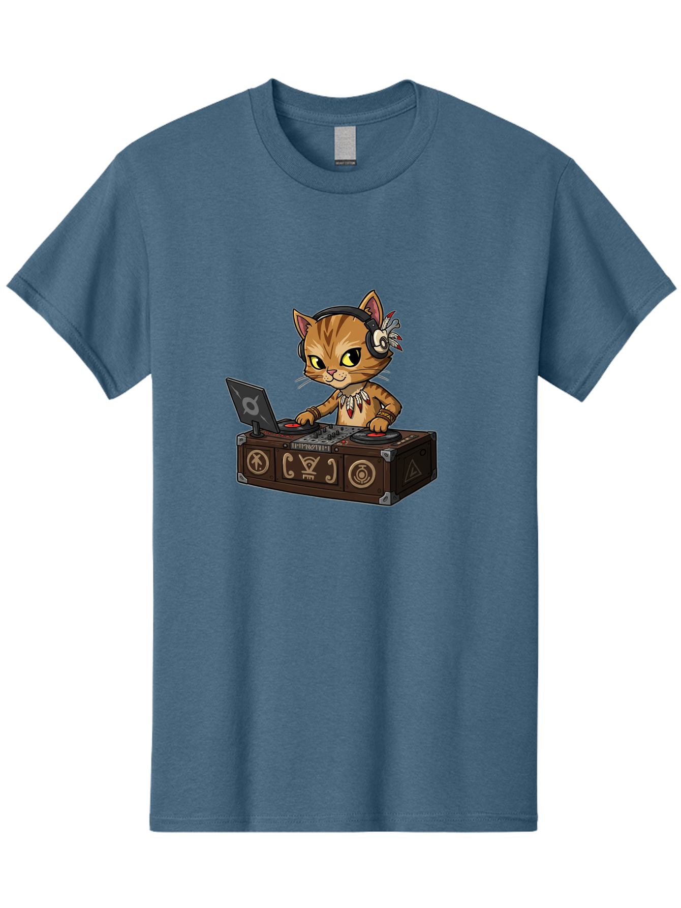 Dj-Cat-2 Men'S Graphic Tee, 100% Cotton, Comfortable Casual Summer Wear, Machine Washable, Cartoon Cat Dj, Mixing Music, Laptop And Turntables, Beat Maker, Electronic Dance Music, Dj Equipment, Feline Dj, Music Producer, Turntable Controls, Bad036