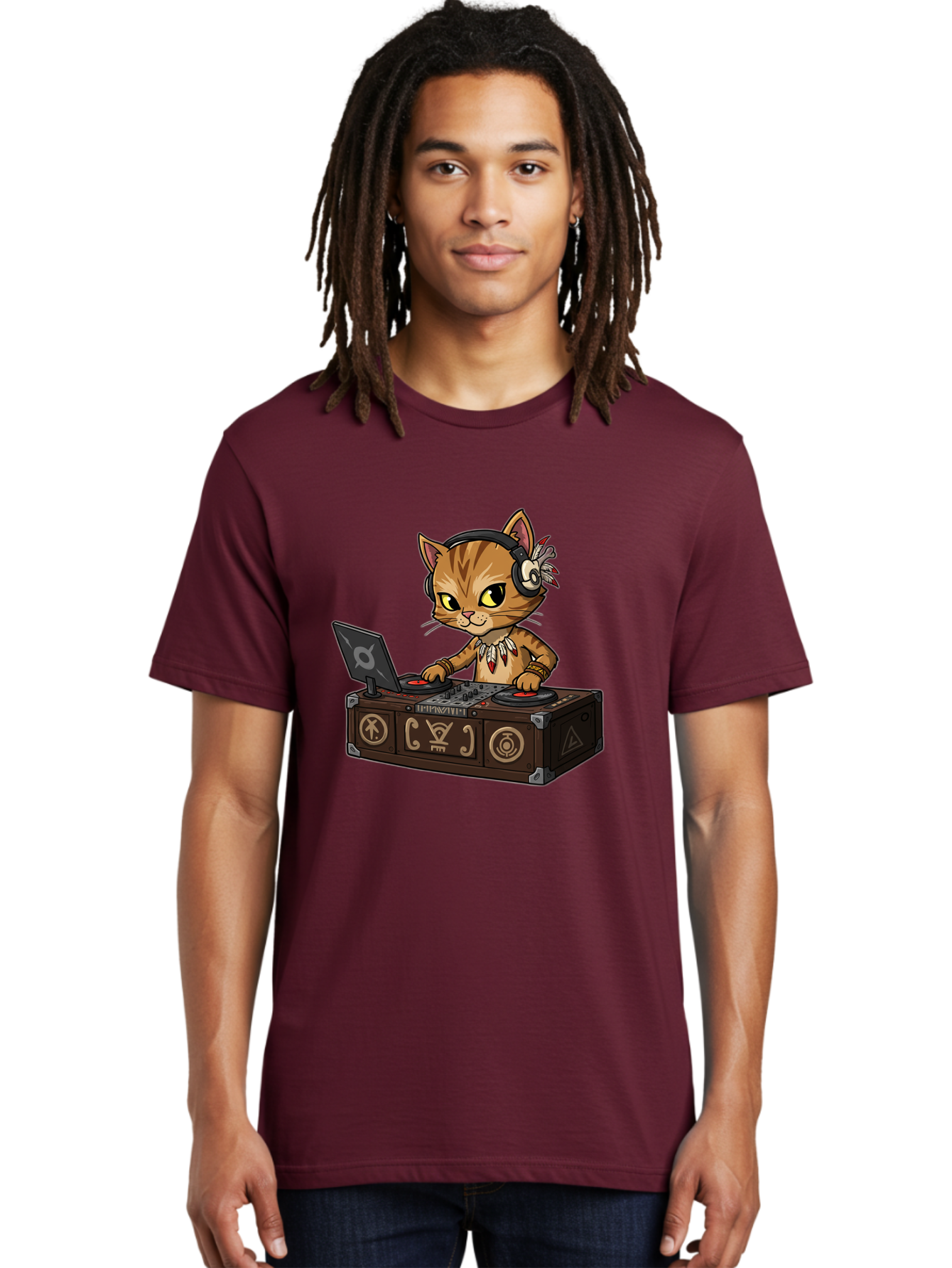 Dj-Cat-2 Men'S Graphic Tee, 100% Cotton, Comfortable Casual Summer Wear, Machine Washable, Cartoon Cat Dj, Mixing Music, Laptop And Turntables, Beat Maker, Electronic Dance Music, Dj Equipment, Feline Dj, Music Producer, Turntable Controls, Bad036
