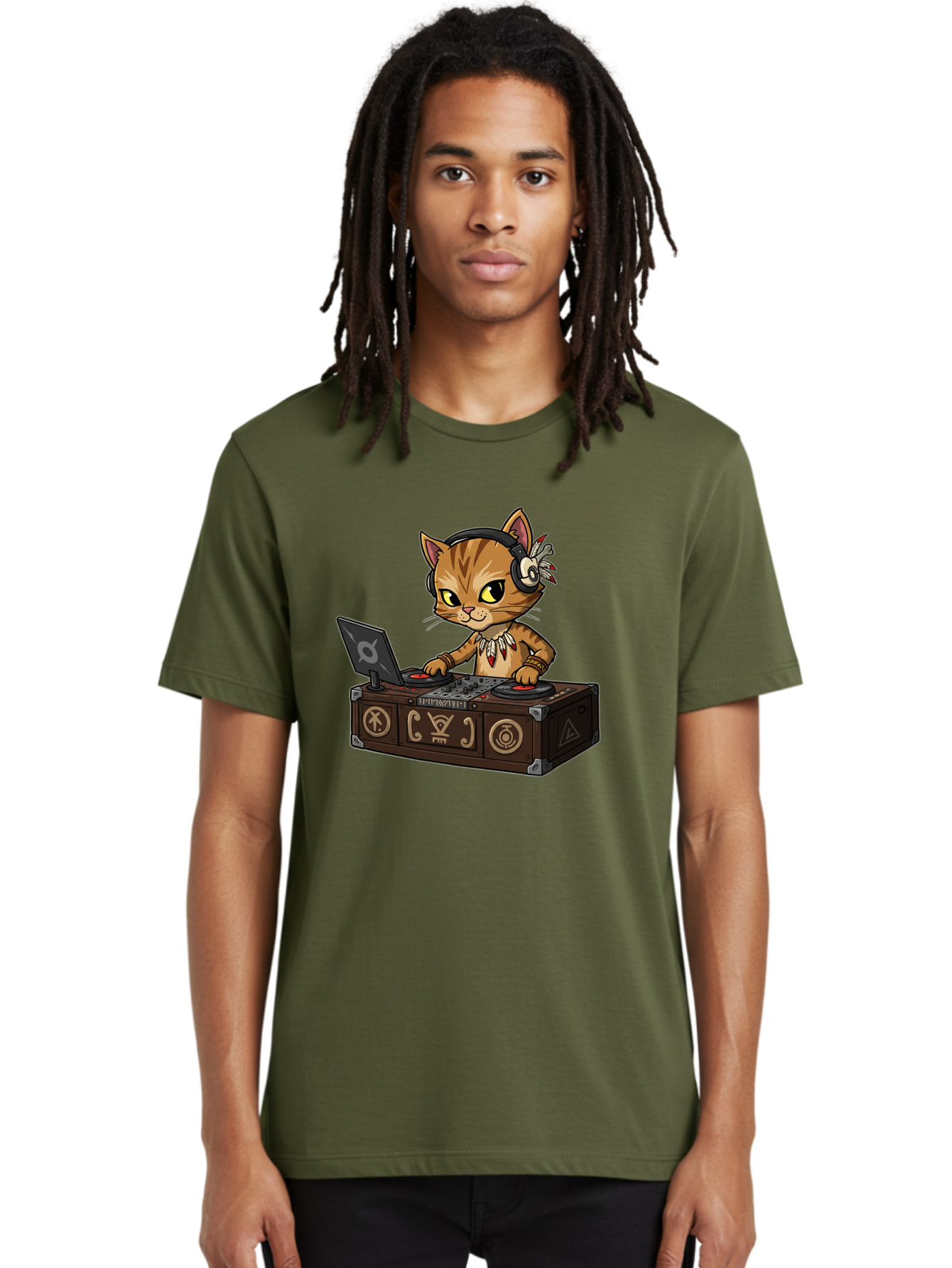 Dj-Cat-2 Men'S Graphic Tee, 100% Cotton, Comfortable Casual Summer Wear, Machine Washable, Cartoon Cat Dj, Mixing Music, Laptop And Turntables, Beat Maker, Electronic Dance Music, Dj Equipment, Feline Dj, Music Producer, Turntable Controls, Bad036