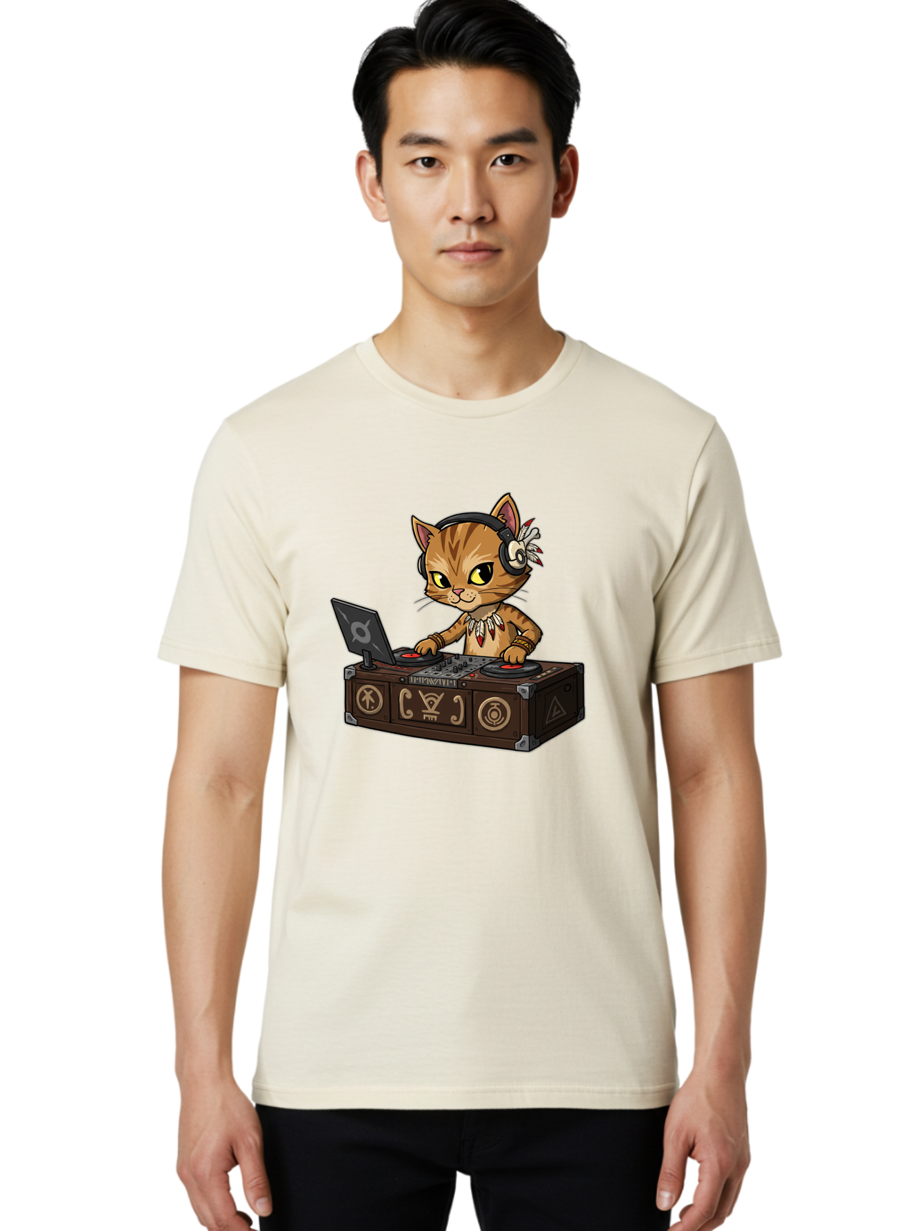 Dj-Cat-2 Men'S Graphic Tee, 100% Cotton, Comfortable Casual Summer Wear, Machine Washable, Cartoon Cat Dj, Mixing Music, Laptop And Turntables, Beat Maker, Electronic Dance Music, Dj Equipment, Feline Dj, Music Producer, Turntable Controls, Bad036