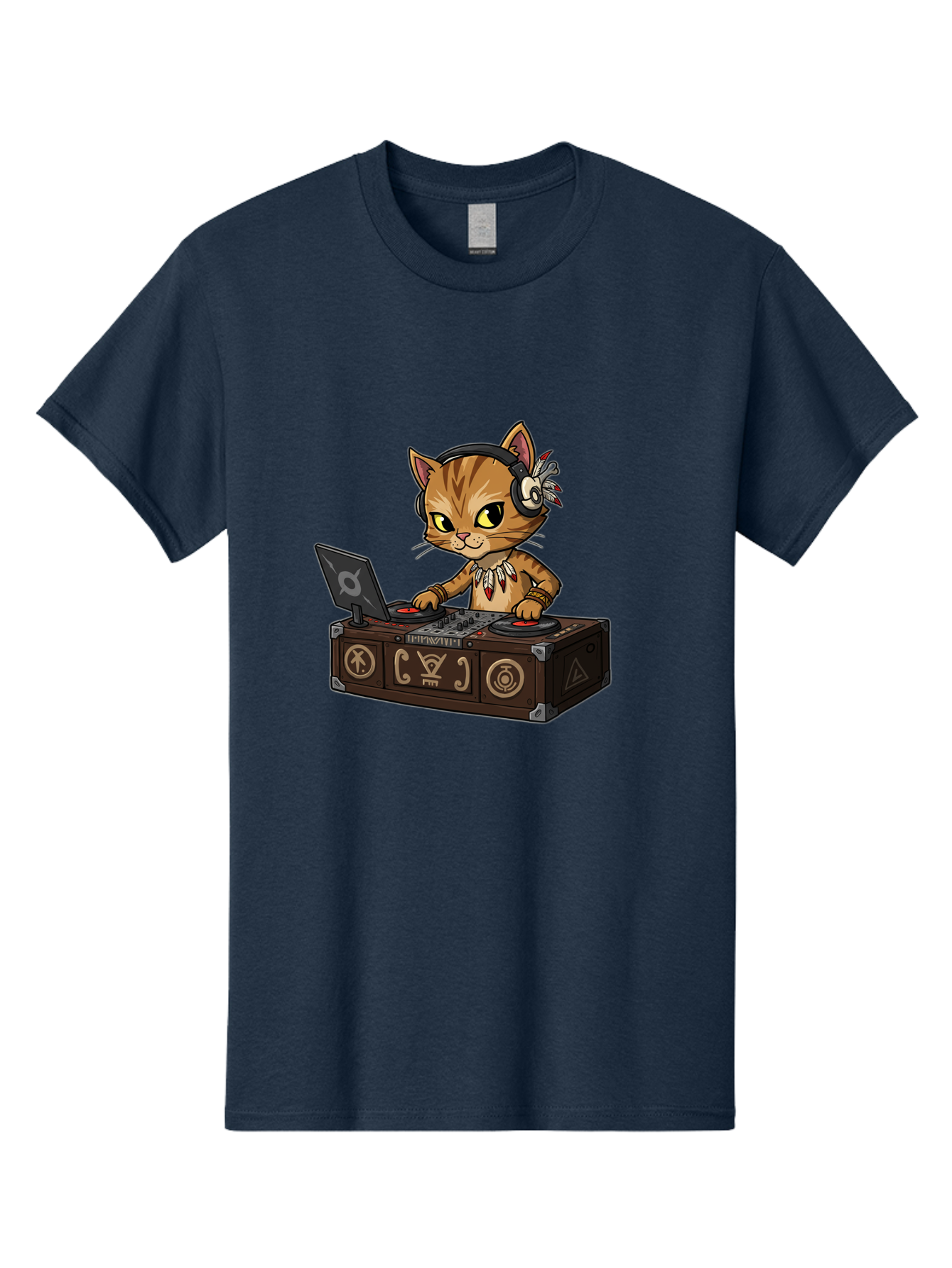 Dj-Cat-2 Men'S Graphic Tee, 100% Cotton, Comfortable Casual Summer Wear, Machine Washable, Cartoon Cat Dj, Mixing Music, Laptop And Turntables, Beat Maker, Electronic Dance Music, Dj Equipment, Feline Dj, Music Producer, Turntable Controls, Bad036