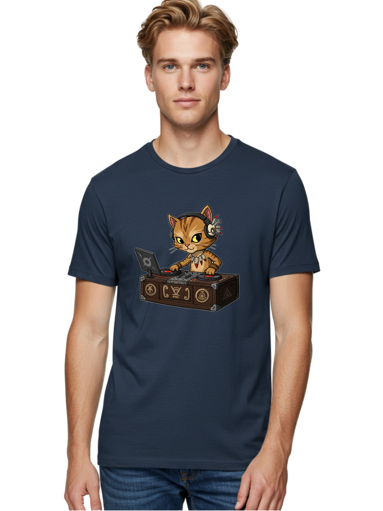 Dj-Cat-2 Men'S Graphic Tee, 100% Cotton, Comfortable Casual Summer Wear, Machine Washable, Cartoon Cat Dj, Mixing Music, Laptop And Turntables, Beat Maker, Electronic Dance Music, Dj Equipment, Feline Dj, Music Producer, Turntable Controls, Bad036