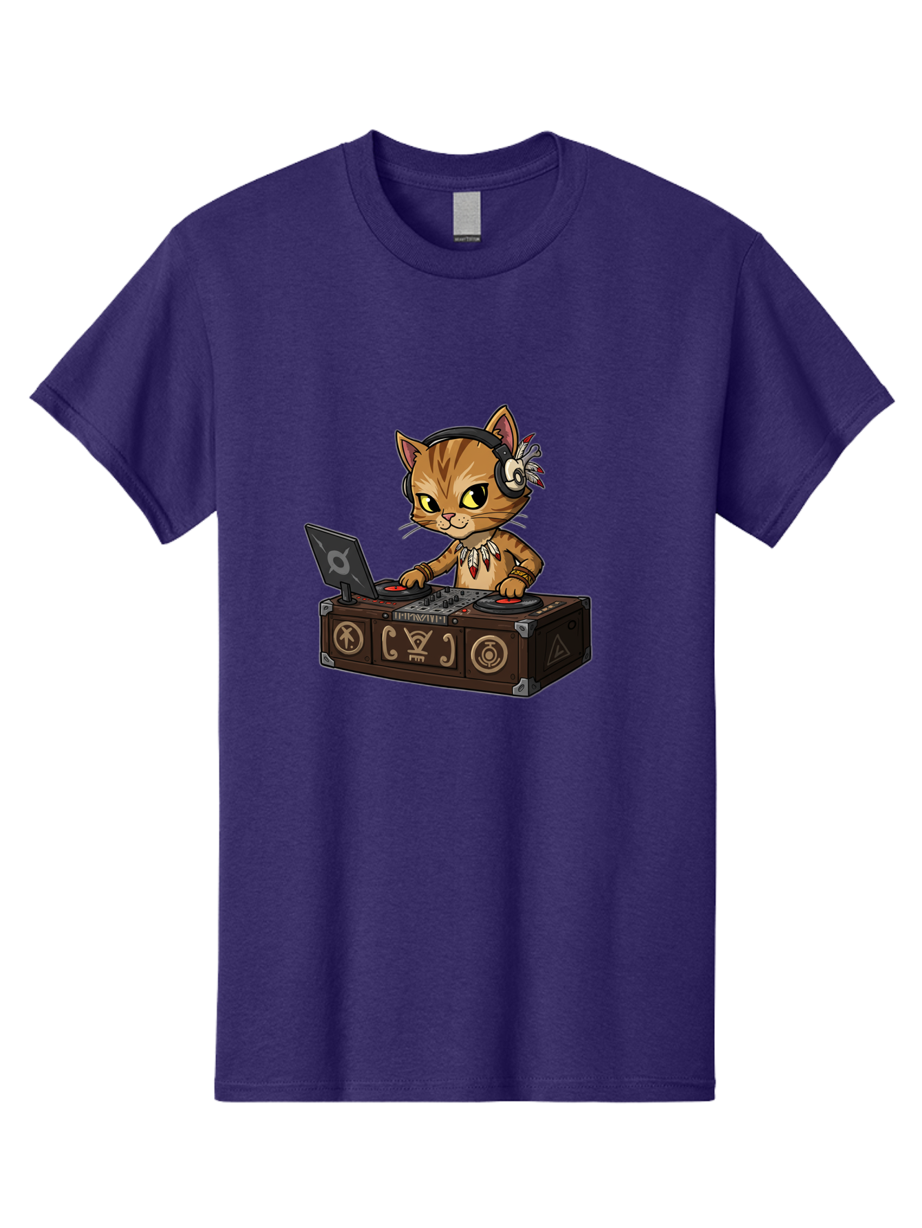 Dj-Cat-2 Men'S Graphic Tee, 100% Cotton, Comfortable Casual Summer Wear, Machine Washable, Cartoon Cat Dj, Mixing Music, Laptop And Turntables, Beat Maker, Electronic Dance Music, Dj Equipment, Feline Dj, Music Producer, Turntable Controls, Bad036