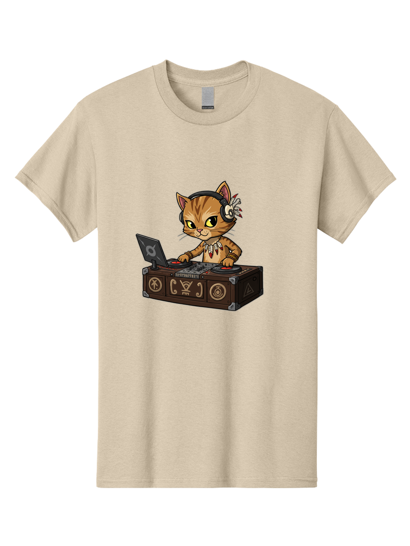 Dj-Cat-2 Men'S Graphic Tee, 100% Cotton, Comfortable Casual Summer Wear, Machine Washable, Cartoon Cat Dj, Mixing Music, Laptop And Turntables, Beat Maker, Electronic Dance Music, Dj Equipment, Feline Dj, Music Producer, Turntable Controls, Bad036