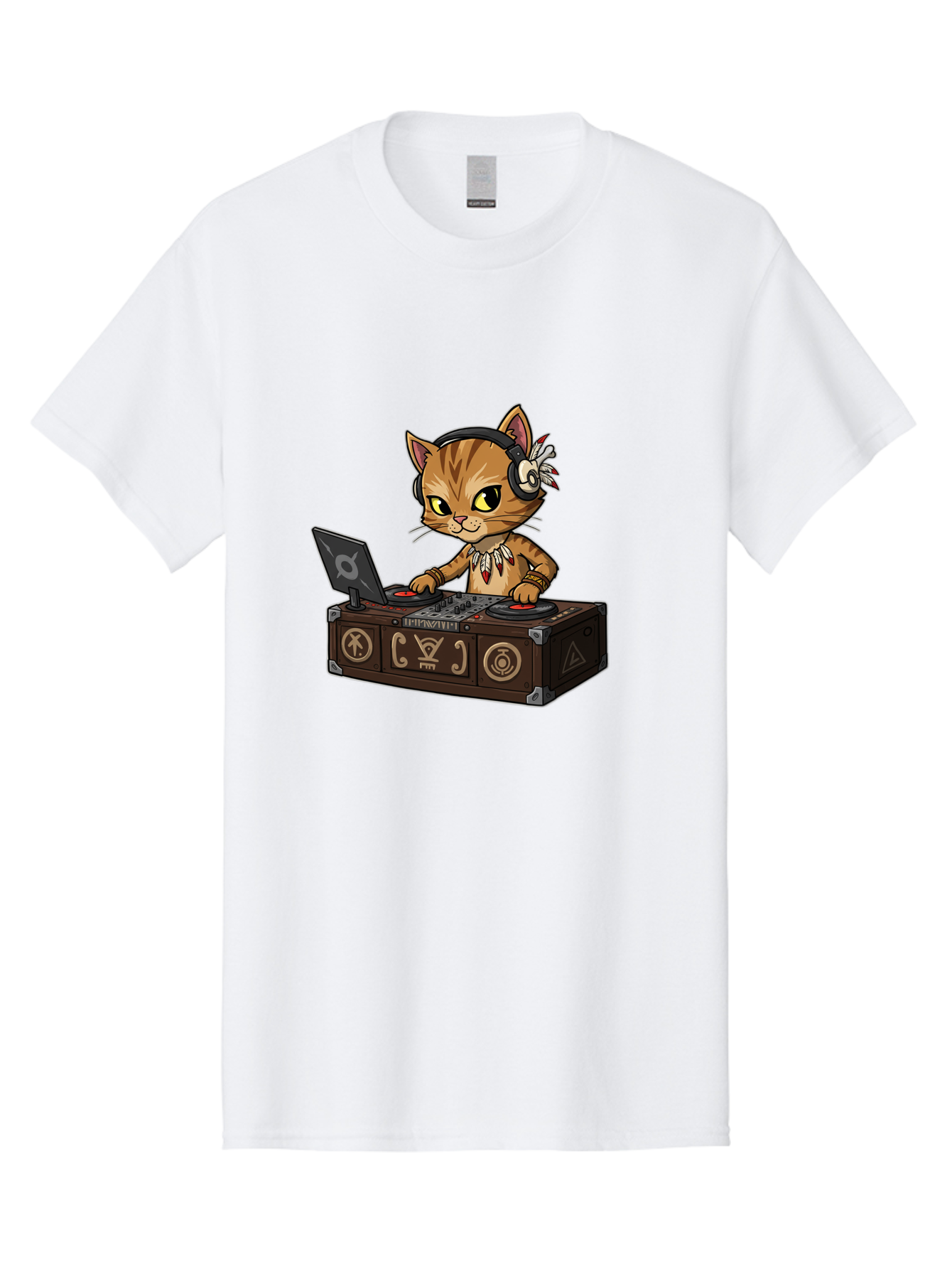 Dj-Cat-2 Men'S Graphic Tee, 100% Cotton, Comfortable Casual Summer Wear, Machine Washable, Cartoon Cat Dj, Mixing Music, Laptop And Turntables, Beat Maker, Electronic Dance Music, Dj Equipment, Feline Dj, Music Producer, Turntable Controls, Bad036