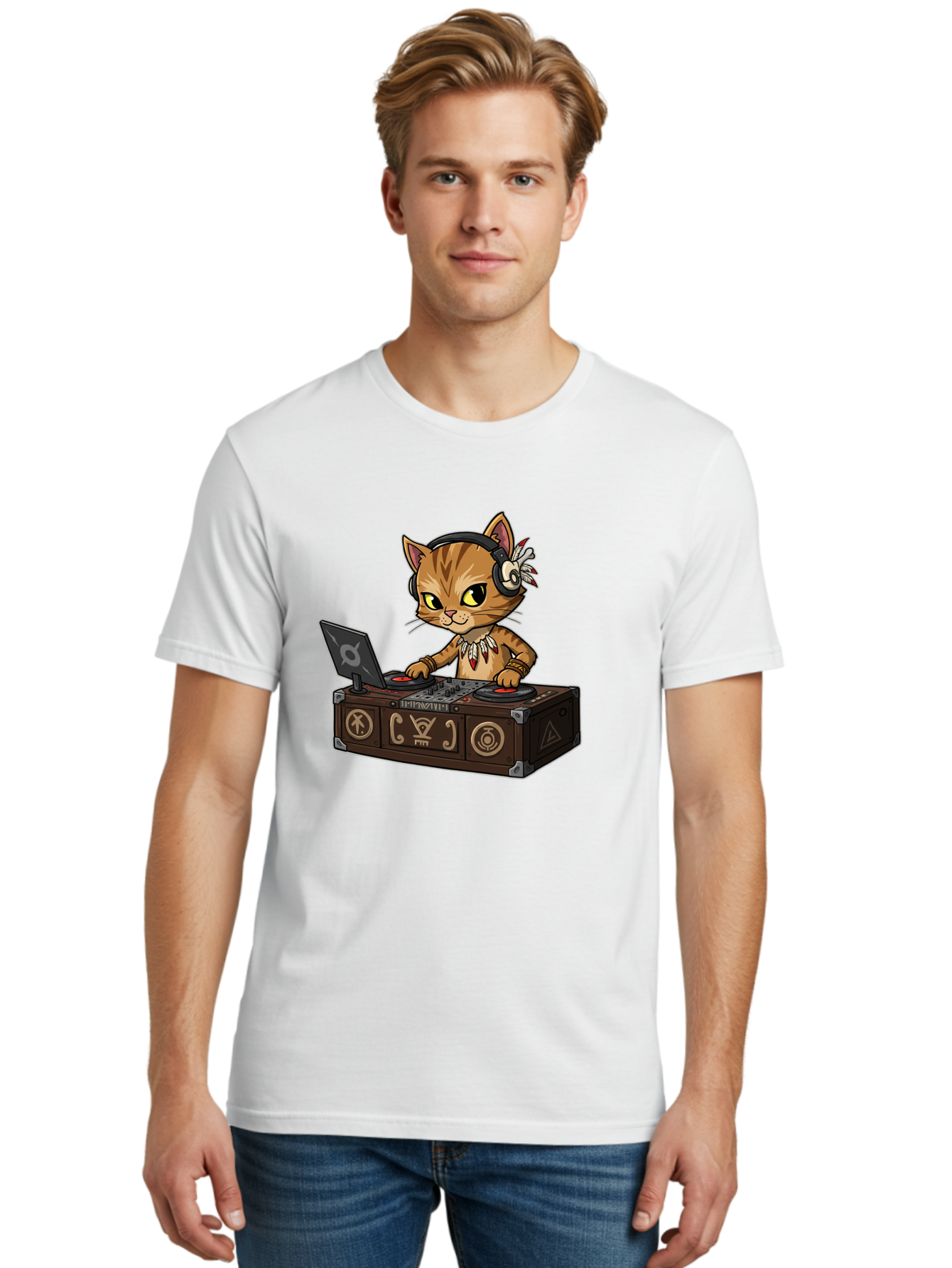 Dj-Cat-2 Men'S Graphic Tee, 100% Cotton, Comfortable Casual Summer Wear, Machine Washable, Cartoon Cat Dj, Mixing Music, Laptop And Turntables, Beat Maker, Electronic Dance Music, Dj Equipment, Feline Dj, Music Producer, Turntable Controls, Bad036