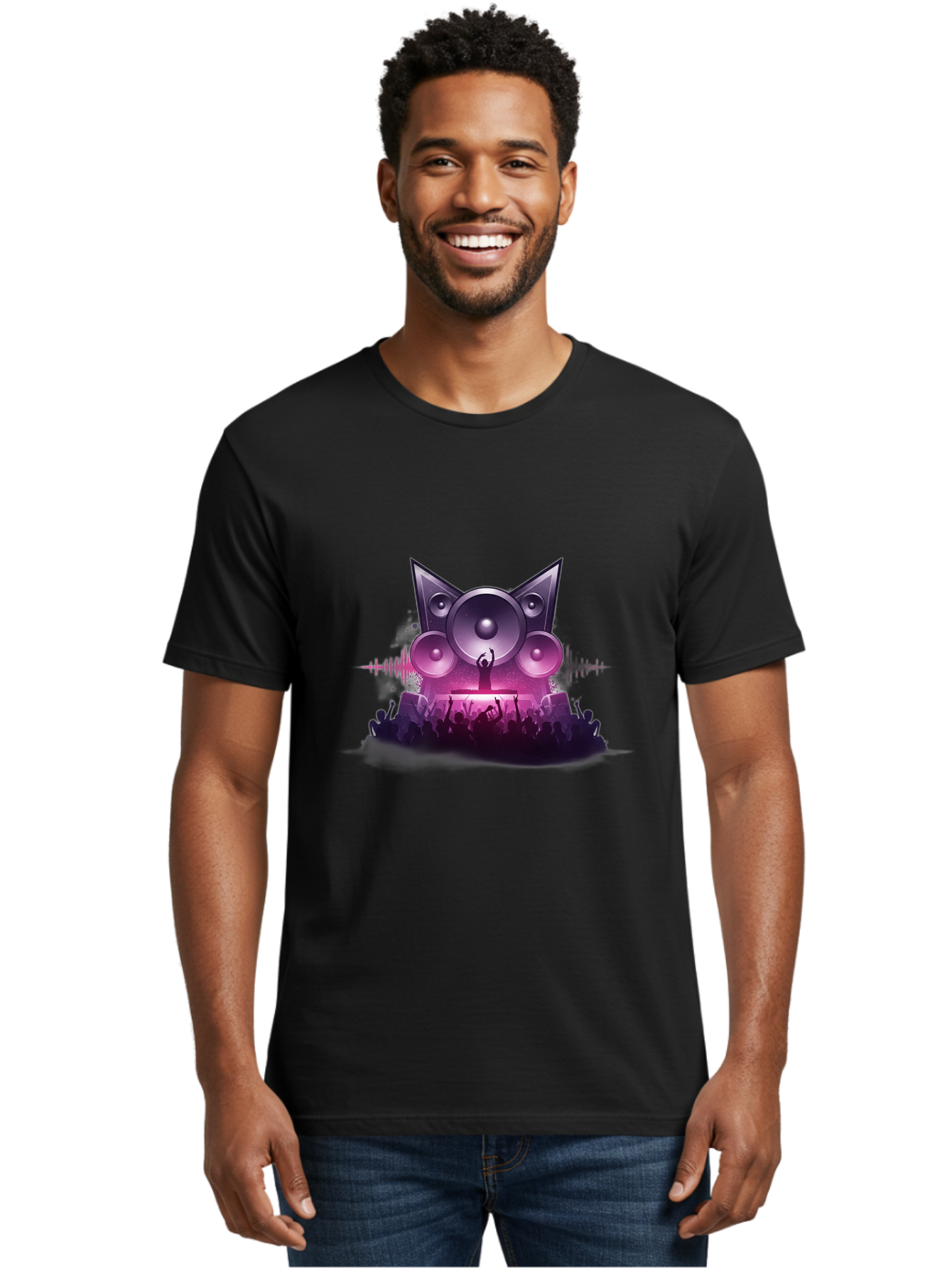 Dj-Cat-Speakers Men'S Graphic Tee, 100% Cotton, Comfortable Casual Summer Wear, Machine Washable, Dj On Stage, Cat Shaped Speakers, Concert Crowd, Music Festival, Electronic Dance Music, Lively Atmosphere, Vibrant Lights, Sound Waves Bad037