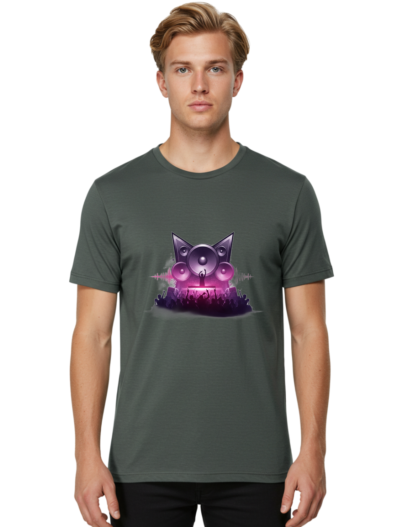 Dj-Cat-Speakers Men'S Graphic Tee, 100% Cotton, Comfortable Casual Summer Wear, Machine Washable, Dj On Stage, Cat Shaped Speakers, Concert Crowd, Music Festival, Electronic Dance Music, Lively Atmosphere, Vibrant Lights, Sound Waves Bad037