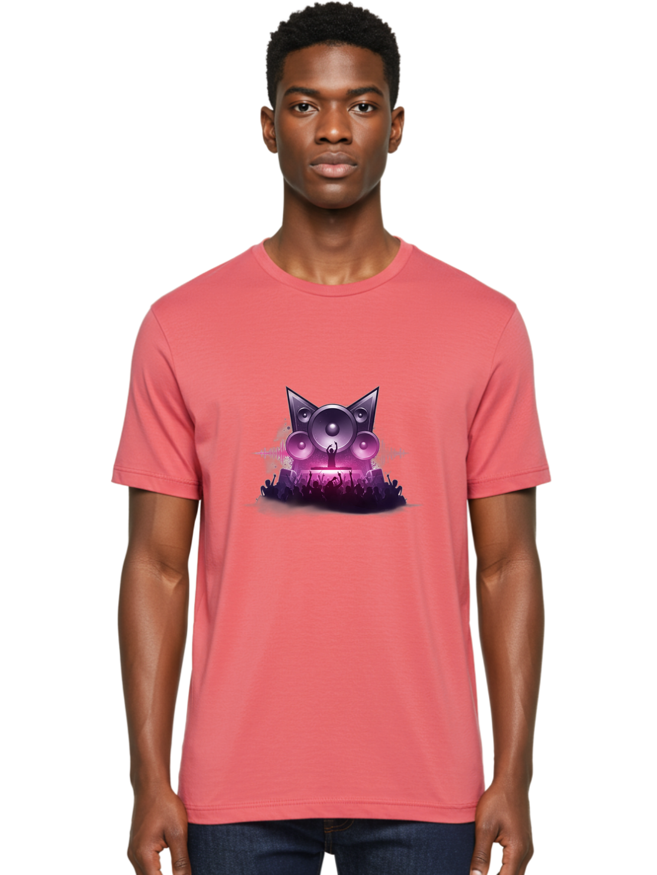 Dj-Cat-Speakers Men'S Graphic Tee, 100% Cotton, Comfortable Casual Summer Wear, Machine Washable, Dj On Stage, Cat Shaped Speakers, Concert Crowd, Music Festival, Electronic Dance Music, Lively Atmosphere, Vibrant Lights, Sound Waves Bad037