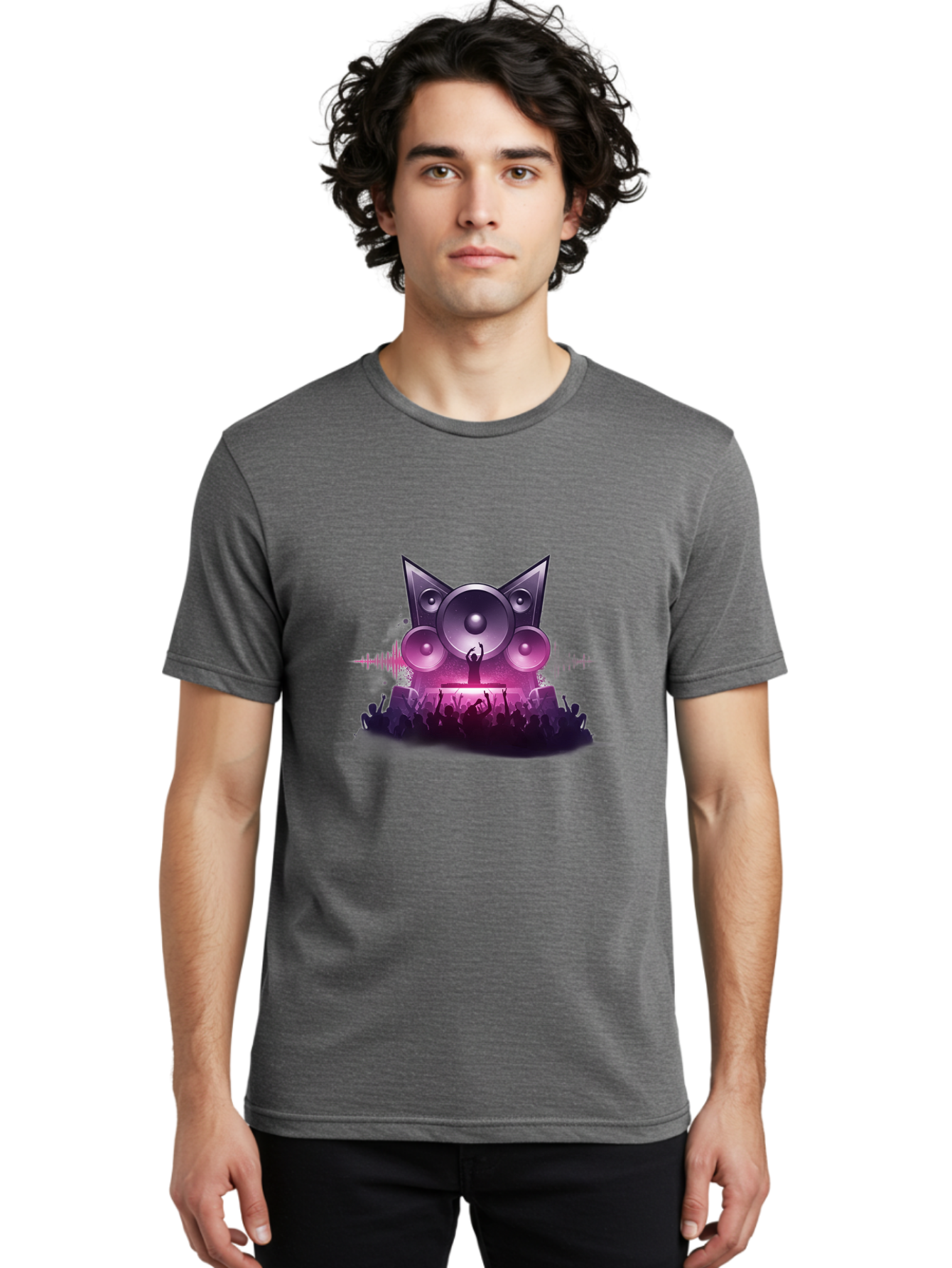 Dj-Cat-Speakers Men'S Graphic Tee, 100% Cotton, Comfortable Casual Summer Wear, Machine Washable, Dj On Stage, Cat Shaped Speakers, Concert Crowd, Music Festival, Electronic Dance Music, Lively Atmosphere, Vibrant Lights, Sound Waves Bad037