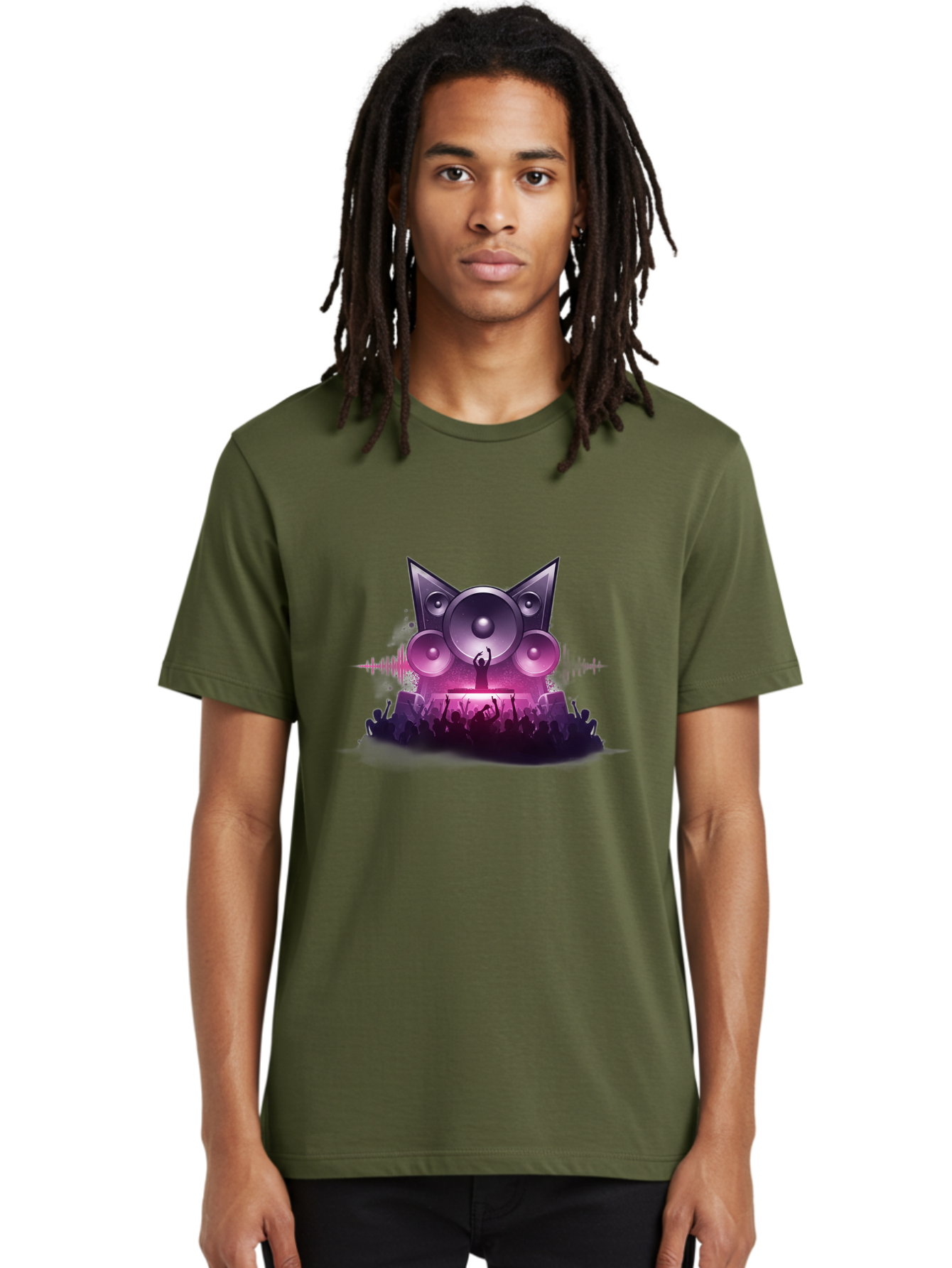 Dj-Cat-Speakers Men'S Graphic Tee, 100% Cotton, Comfortable Casual Summer Wear, Machine Washable, Dj On Stage, Cat Shaped Speakers, Concert Crowd, Music Festival, Electronic Dance Music, Lively Atmosphere, Vibrant Lights, Sound Waves Bad037