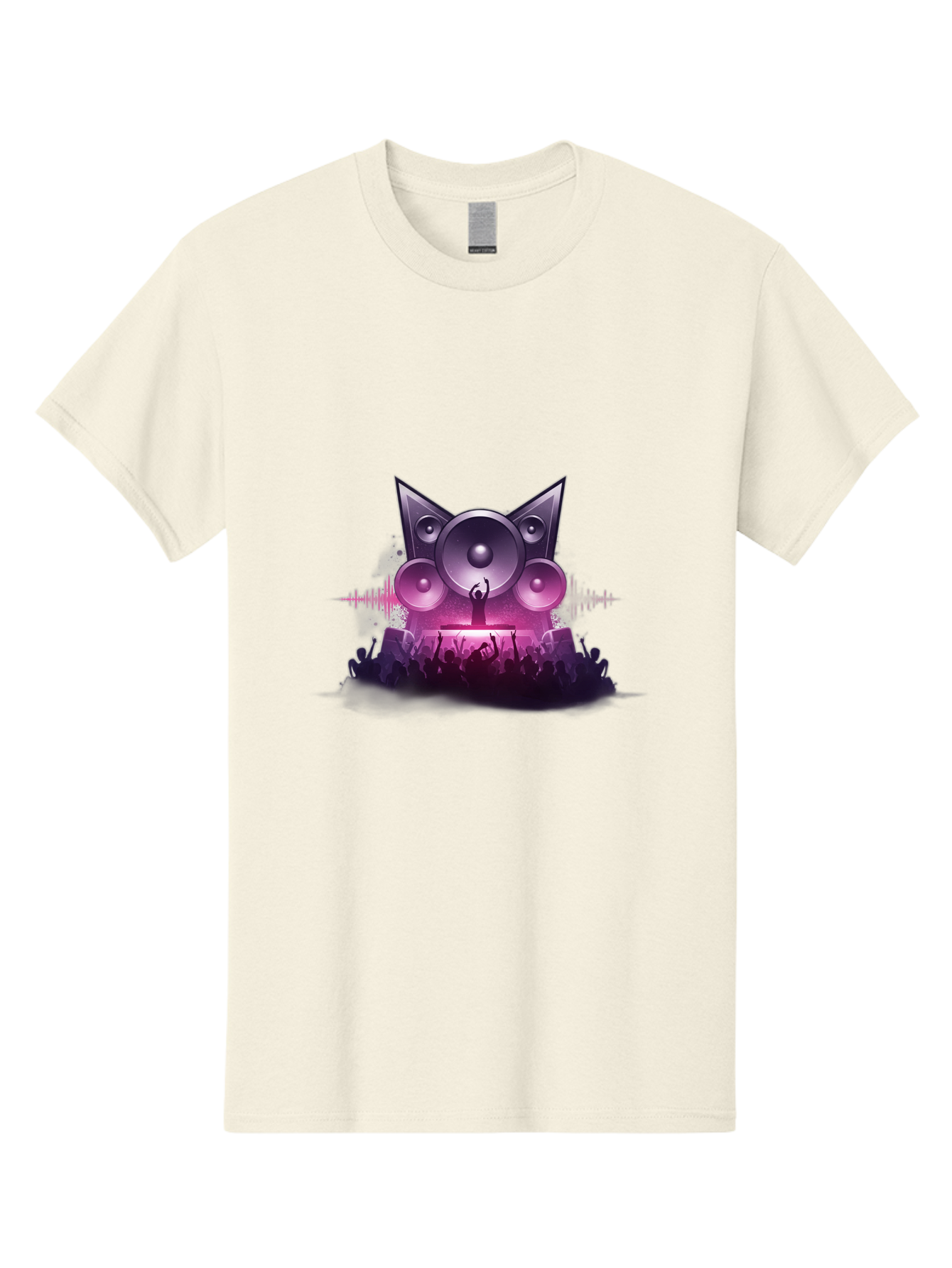 Dj-Cat-Speakers Men'S Graphic Tee, 100% Cotton, Comfortable Casual Summer Wear, Machine Washable, Dj On Stage, Cat Shaped Speakers, Concert Crowd, Music Festival, Electronic Dance Music, Lively Atmosphere, Vibrant Lights, Sound Waves Bad037