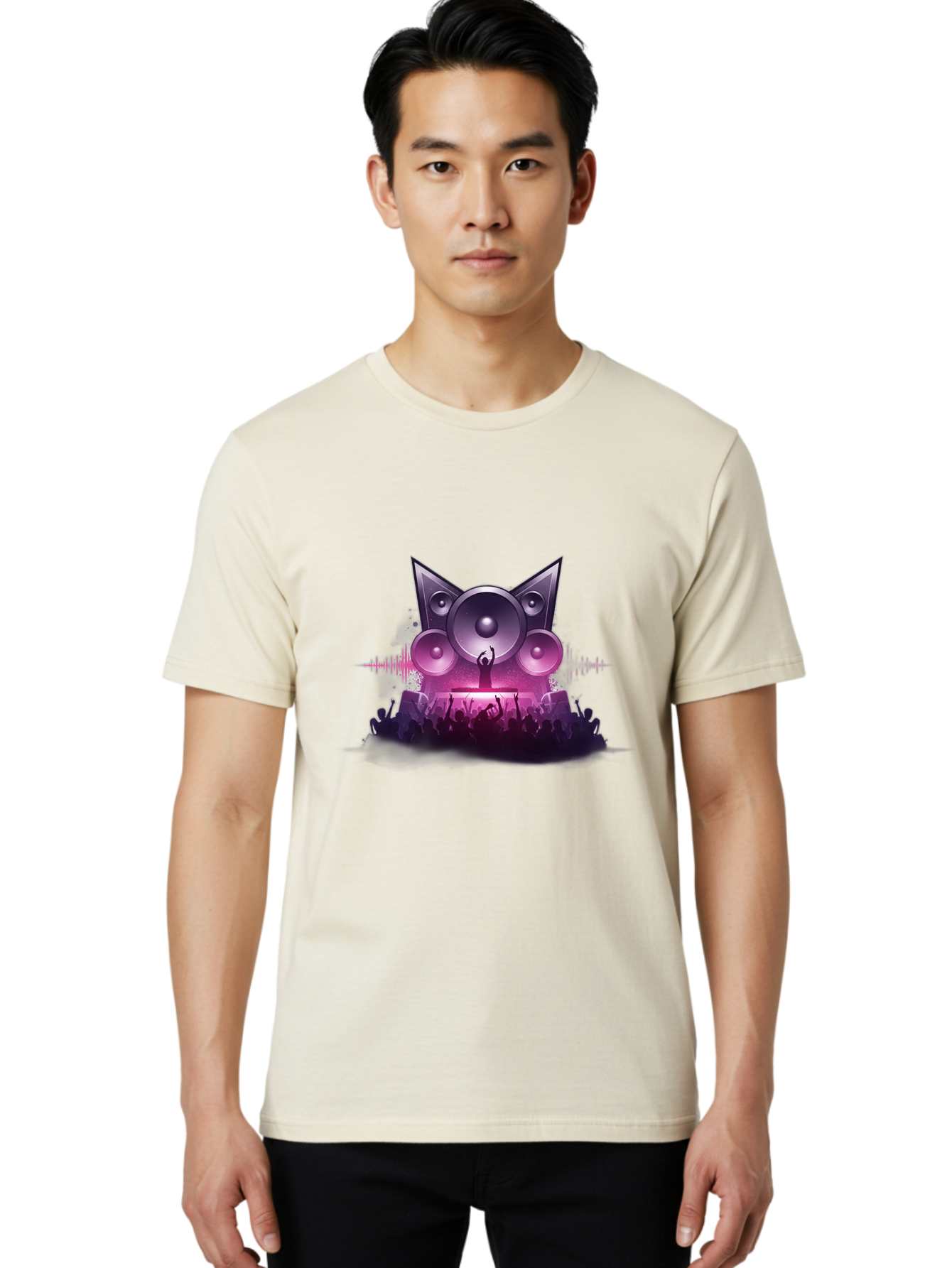 Dj-Cat-Speakers Men'S Graphic Tee, 100% Cotton, Comfortable Casual Summer Wear, Machine Washable, Dj On Stage, Cat Shaped Speakers, Concert Crowd, Music Festival, Electronic Dance Music, Lively Atmosphere, Vibrant Lights, Sound Waves Bad037