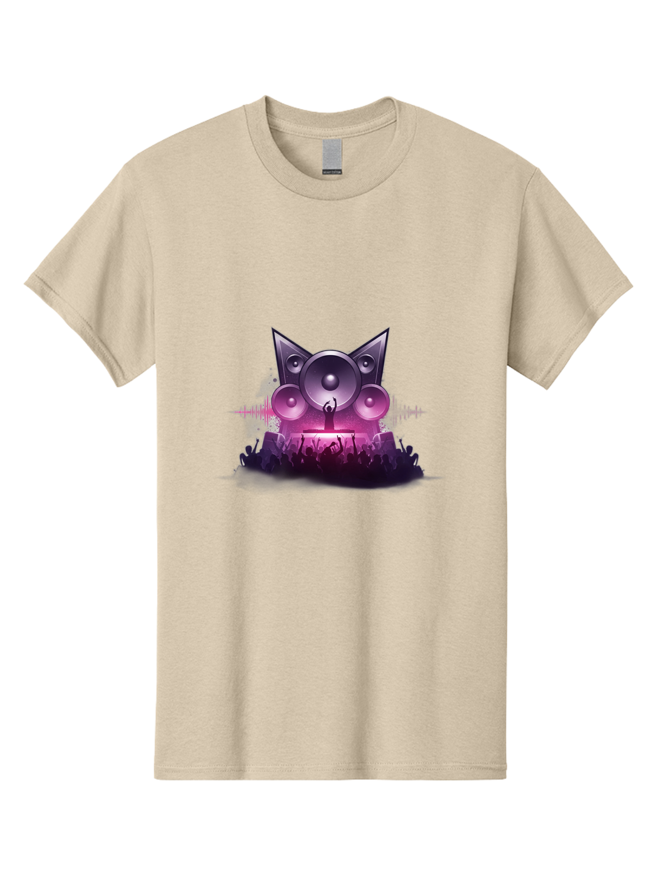 Dj-Cat-Speakers Men'S Graphic Tee, 100% Cotton, Comfortable Casual Summer Wear, Machine Washable, Dj On Stage, Cat Shaped Speakers, Concert Crowd, Music Festival, Electronic Dance Music, Lively Atmosphere, Vibrant Lights, Sound Waves Bad037