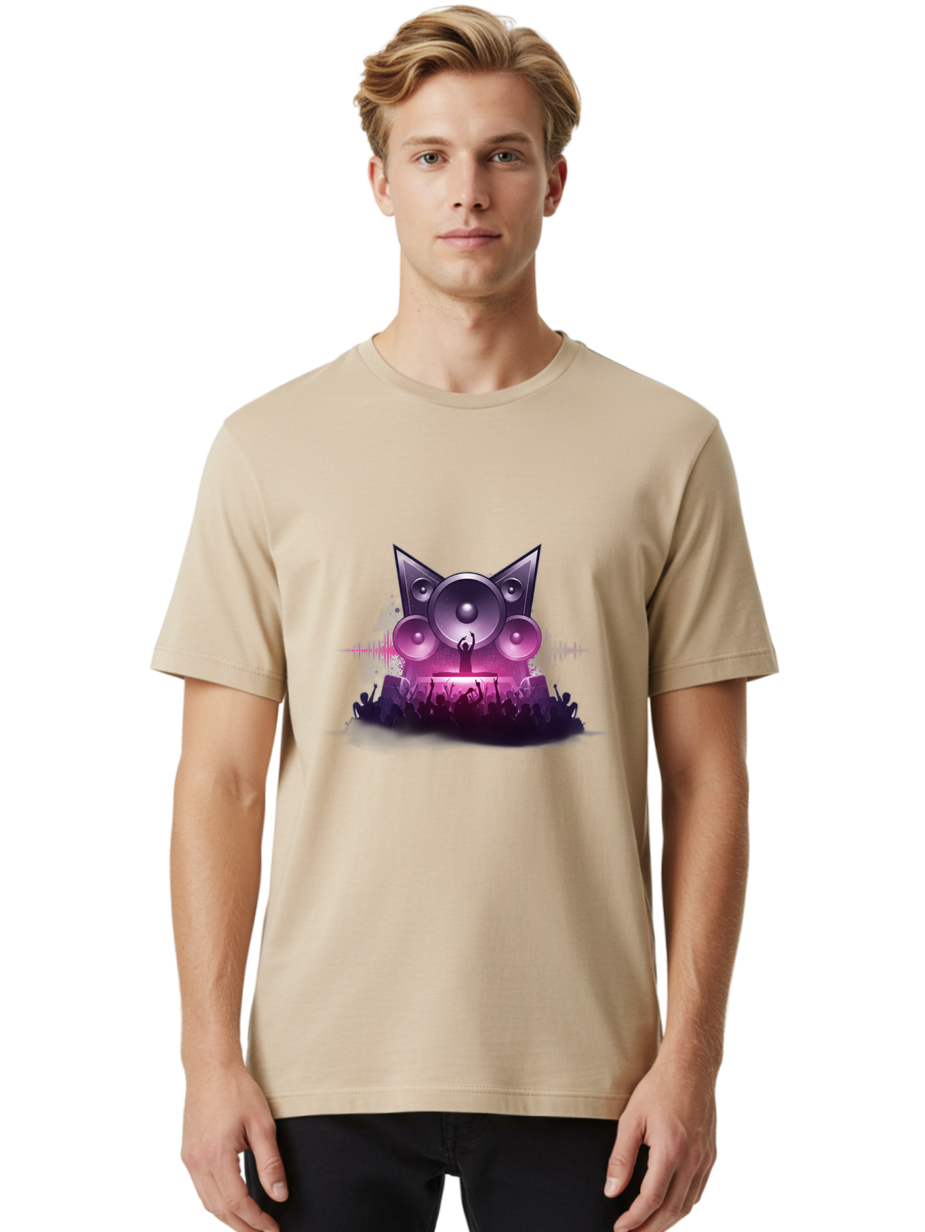 Dj-Cat-Speakers Men'S Graphic Tee, 100% Cotton, Comfortable Casual Summer Wear, Machine Washable, Dj On Stage, Cat Shaped Speakers, Concert Crowd, Music Festival, Electronic Dance Music, Lively Atmosphere, Vibrant Lights, Sound Waves Bad037