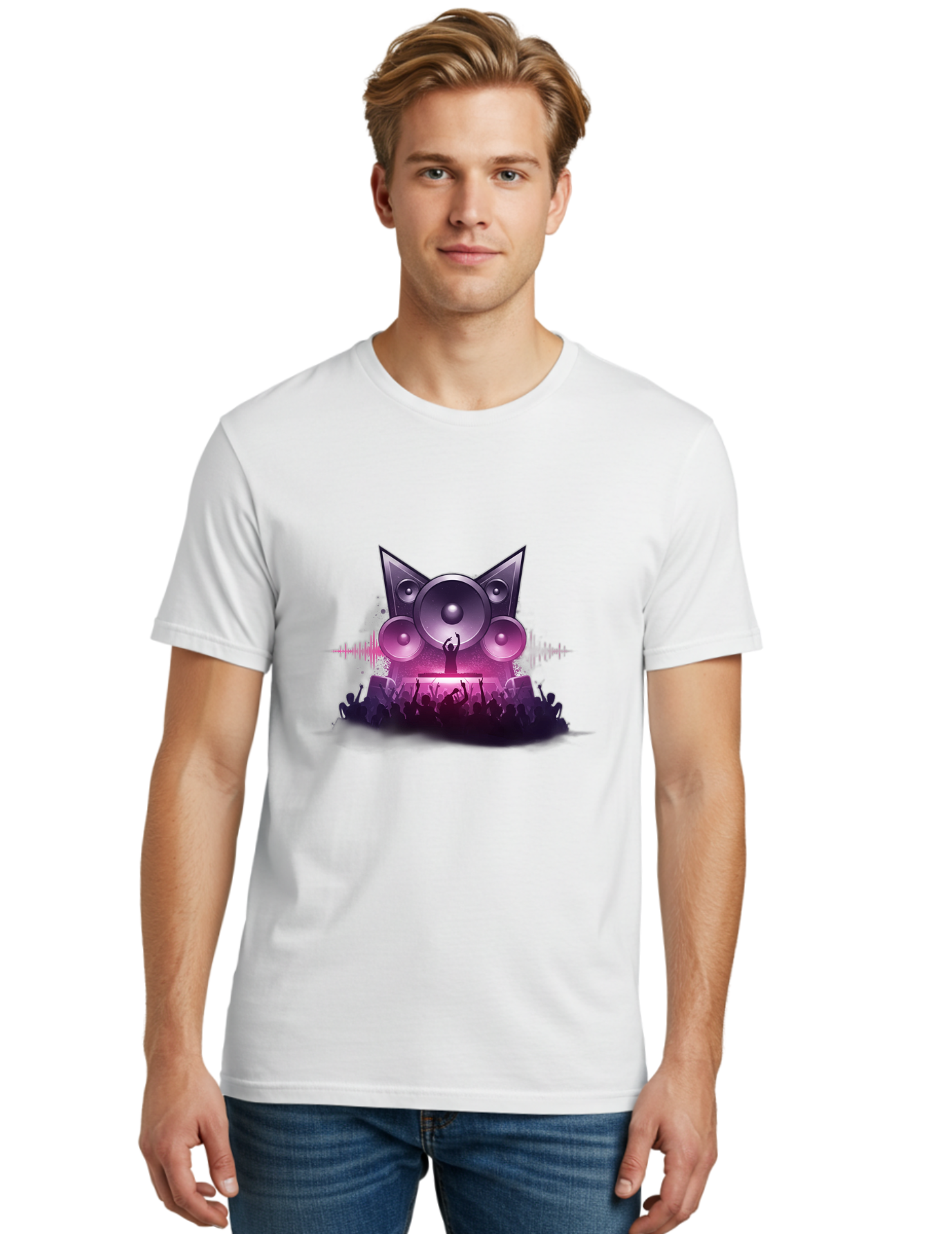 Dj-Cat-Speakers Men'S Graphic Tee, 100% Cotton, Comfortable Casual Summer Wear, Machine Washable, Dj On Stage, Cat Shaped Speakers, Concert Crowd, Music Festival, Electronic Dance Music, Lively Atmosphere, Vibrant Lights, Sound Waves Bad037