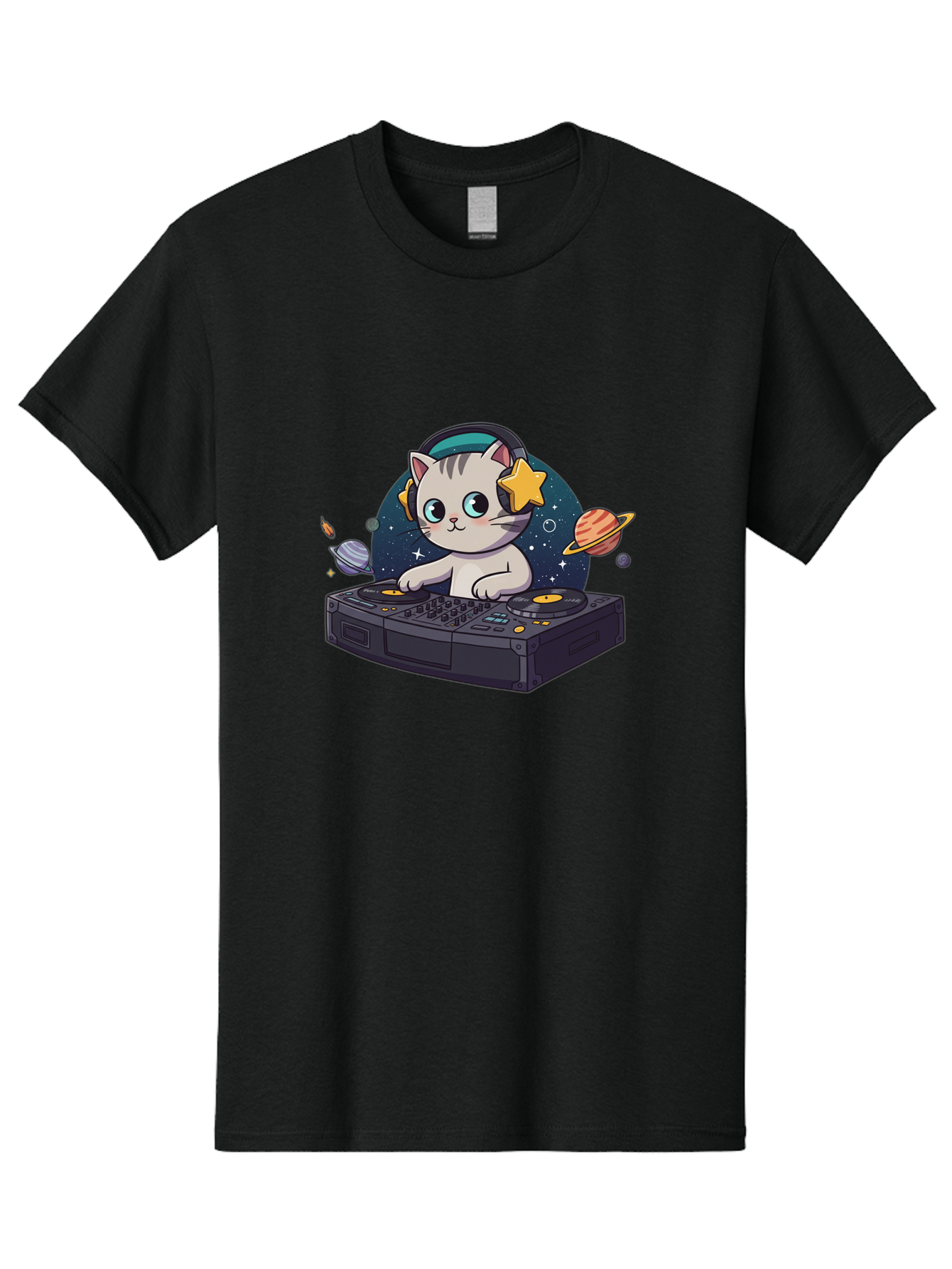 Dj-Cat Men'S Graphic Tee, 100% Cotton, Comfortable Casual Summer Wear, Machine Washable, Cat Djing, Dj Controller, Headphones, Cartoon Cat, Galaxy Background, Stars, Planets, Music, Djing, Electronic Dance Music Bad038