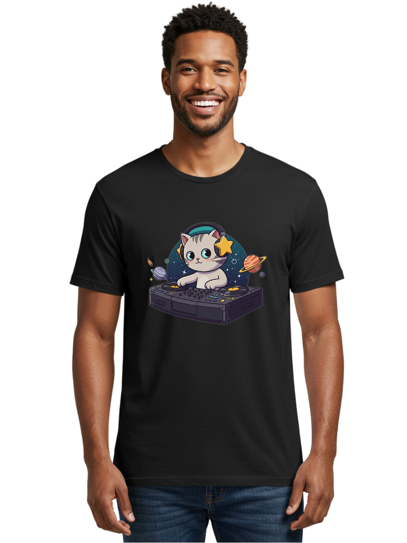 Dj-Cat Men'S Graphic Tee, 100% Cotton, Comfortable Casual Summer Wear, Machine Washable, Cat Djing, Dj Controller, Headphones, Cartoon Cat, Galaxy Background, Stars, Planets, Music, Djing, Electronic Dance Music Bad038