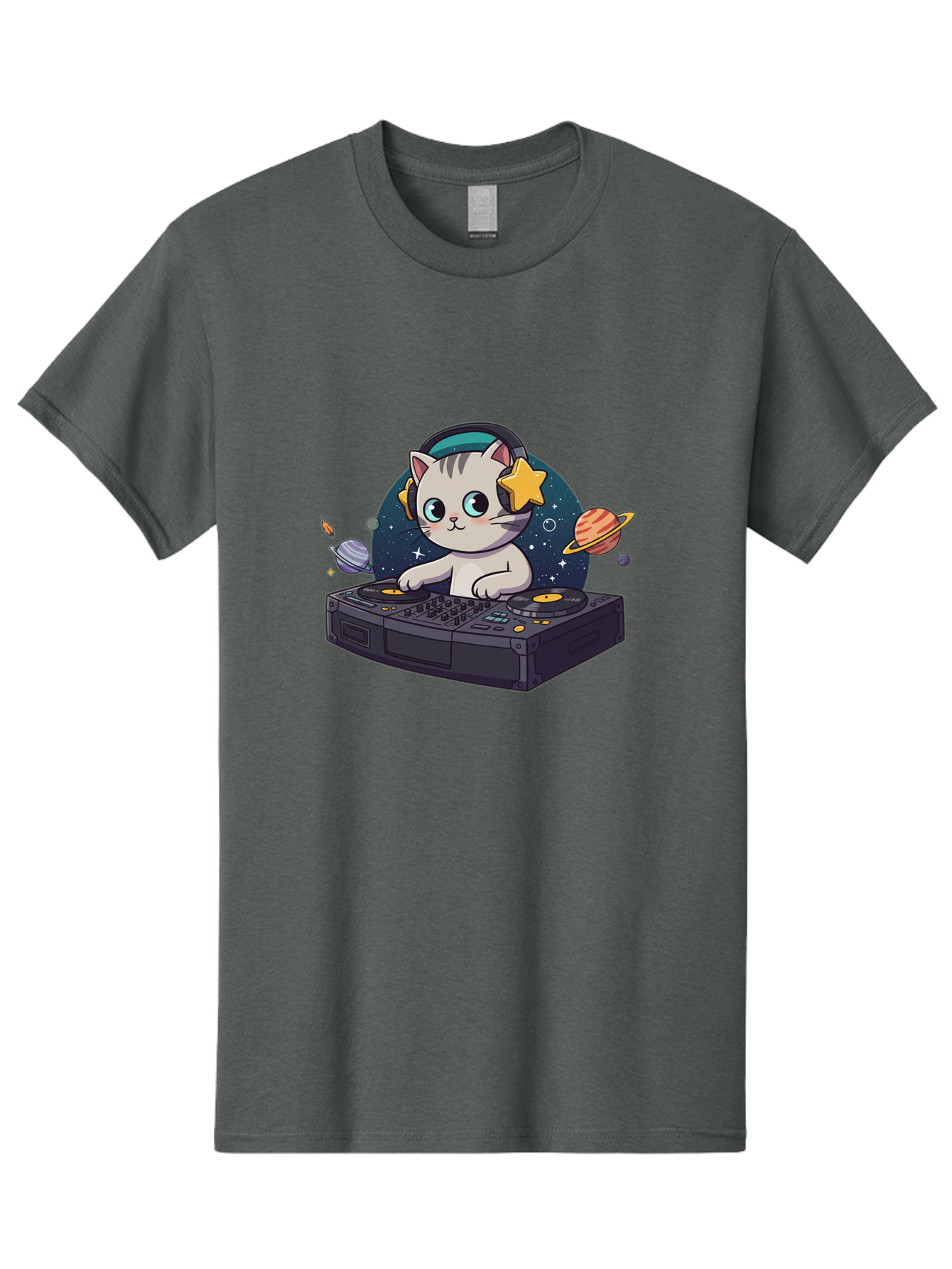 Dj-Cat Men'S Graphic Tee, 100% Cotton, Comfortable Casual Summer Wear, Machine Washable, Cat Djing, Dj Controller, Headphones, Cartoon Cat, Galaxy Background, Stars, Planets, Music, Djing, Electronic Dance Music Bad038