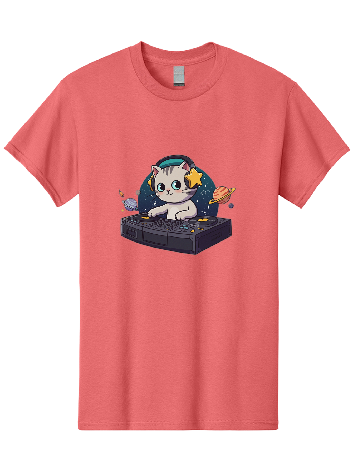 Dj-Cat Men'S Graphic Tee, 100% Cotton, Comfortable Casual Summer Wear, Machine Washable, Cat Djing, Dj Controller, Headphones, Cartoon Cat, Galaxy Background, Stars, Planets, Music, Djing, Electronic Dance Music Bad038
