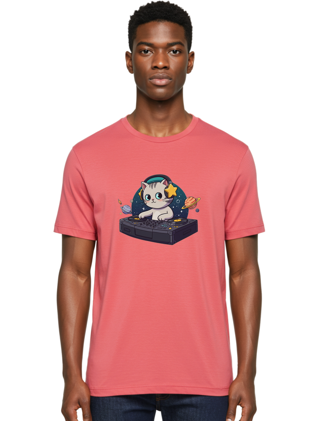 Dj-Cat Men'S Graphic Tee, 100% Cotton, Comfortable Casual Summer Wear, Machine Washable, Cat Djing, Dj Controller, Headphones, Cartoon Cat, Galaxy Background, Stars, Planets, Music, Djing, Electronic Dance Music Bad038
