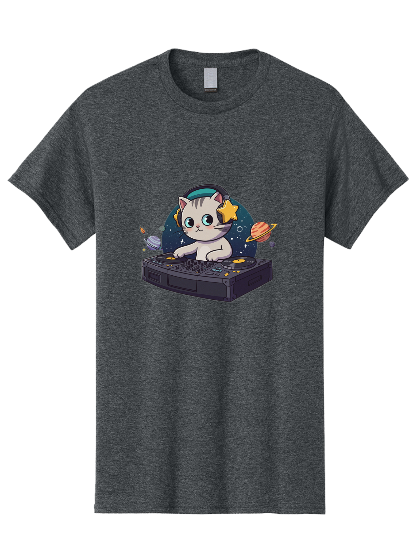 Dj-Cat Men'S Graphic Tee, 100% Cotton, Comfortable Casual Summer Wear, Machine Washable, Cat Djing, Dj Controller, Headphones, Cartoon Cat, Galaxy Background, Stars, Planets, Music, Djing, Electronic Dance Music Bad038