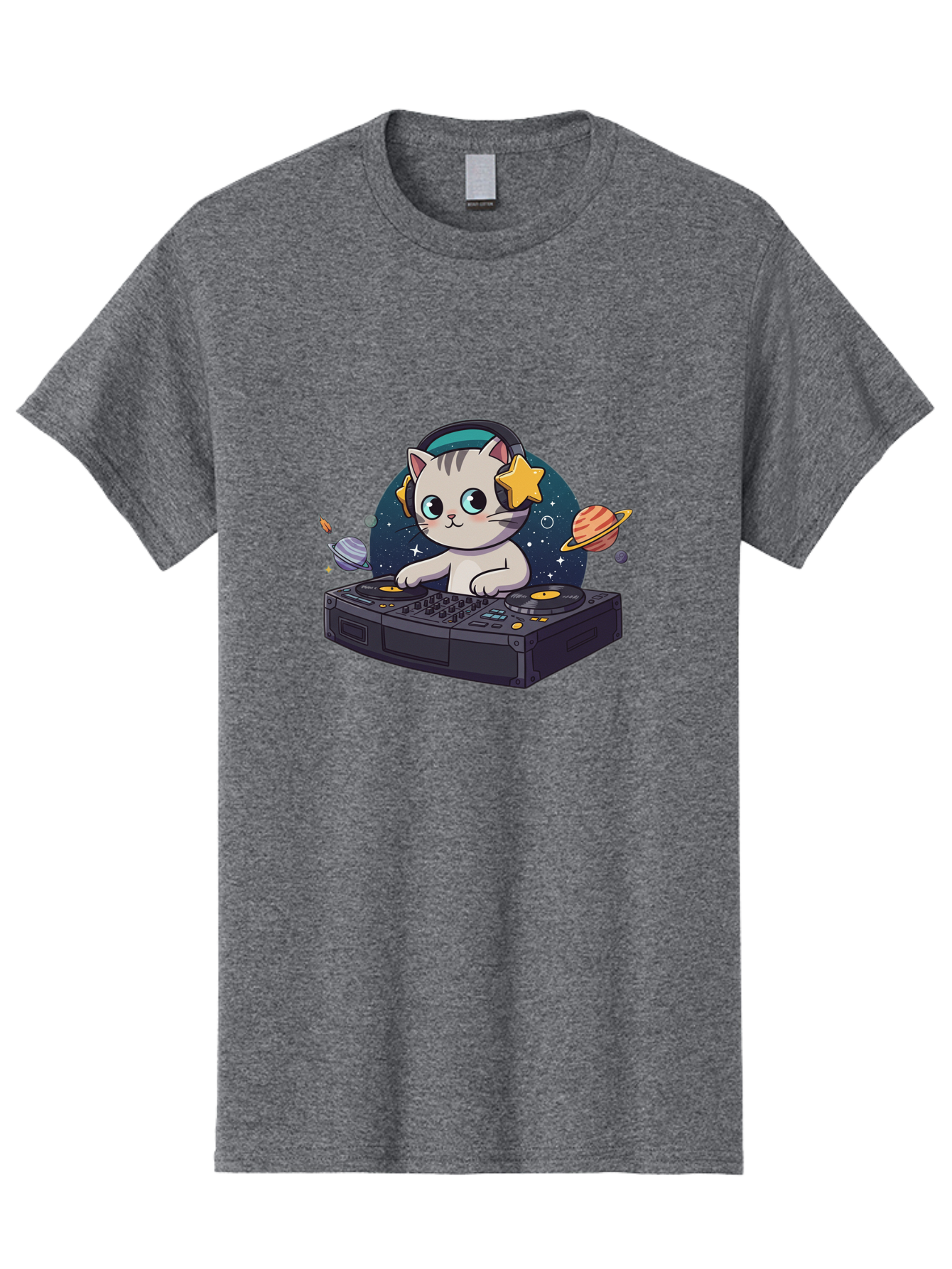 Dj-Cat Men'S Graphic Tee, 100% Cotton, Comfortable Casual Summer Wear, Machine Washable, Cat Djing, Dj Controller, Headphones, Cartoon Cat, Galaxy Background, Stars, Planets, Music, Djing, Electronic Dance Music Bad038