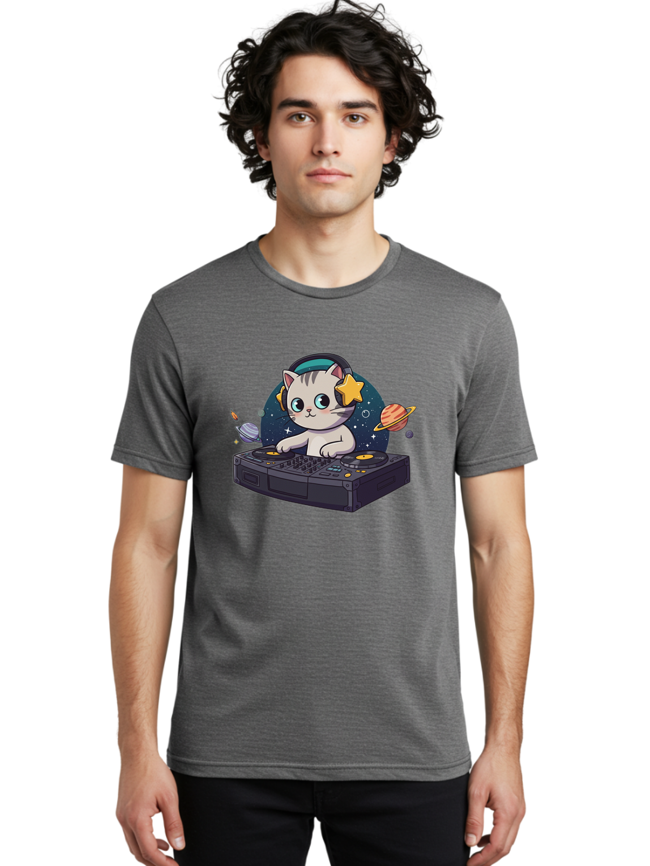 Dj-Cat Men'S Graphic Tee, 100% Cotton, Comfortable Casual Summer Wear, Machine Washable, Cat Djing, Dj Controller, Headphones, Cartoon Cat, Galaxy Background, Stars, Planets, Music, Djing, Electronic Dance Music Bad038
