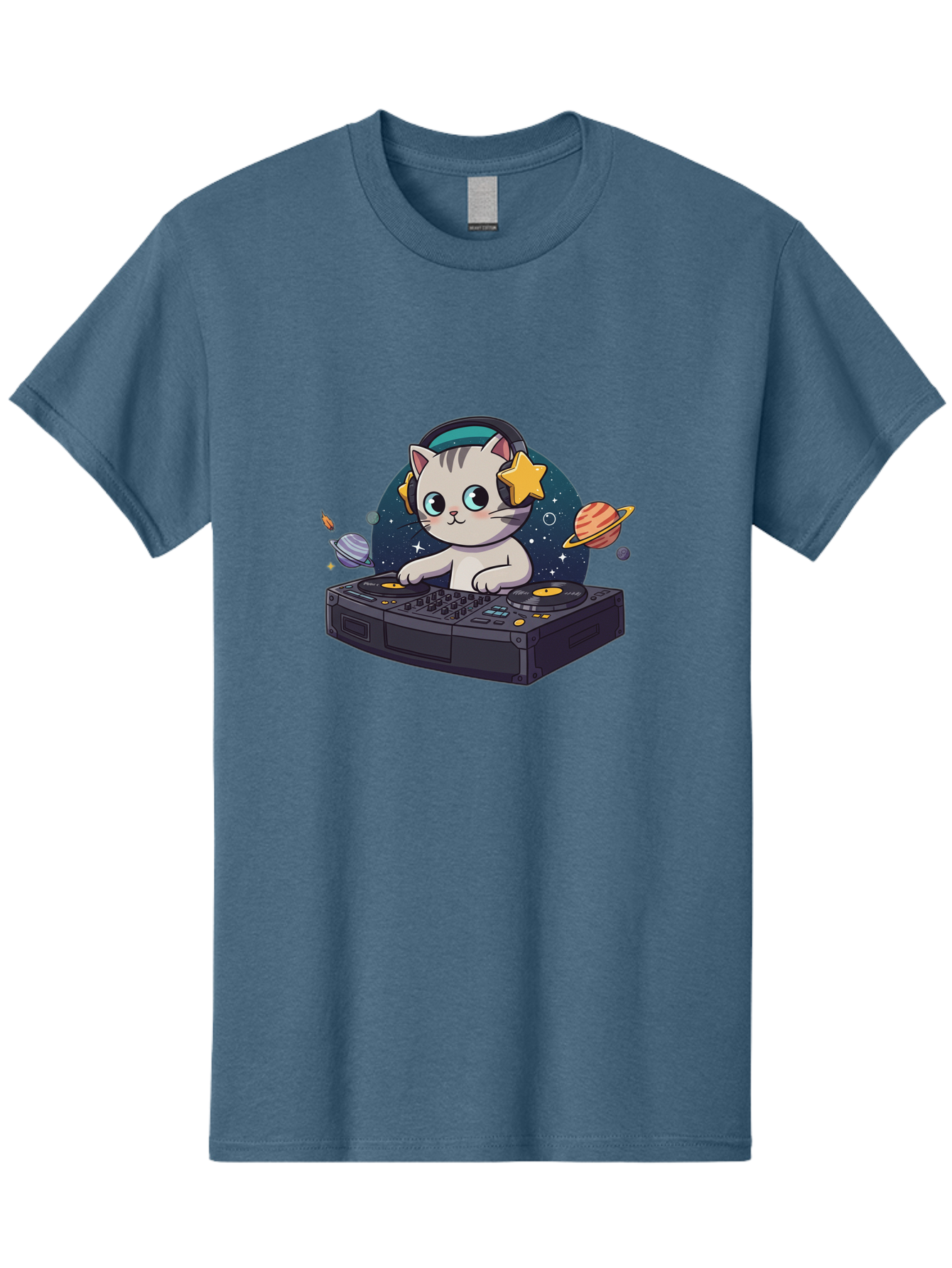 Dj-Cat Men'S Graphic Tee, 100% Cotton, Comfortable Casual Summer Wear, Machine Washable, Cat Djing, Dj Controller, Headphones, Cartoon Cat, Galaxy Background, Stars, Planets, Music, Djing, Electronic Dance Music Bad038