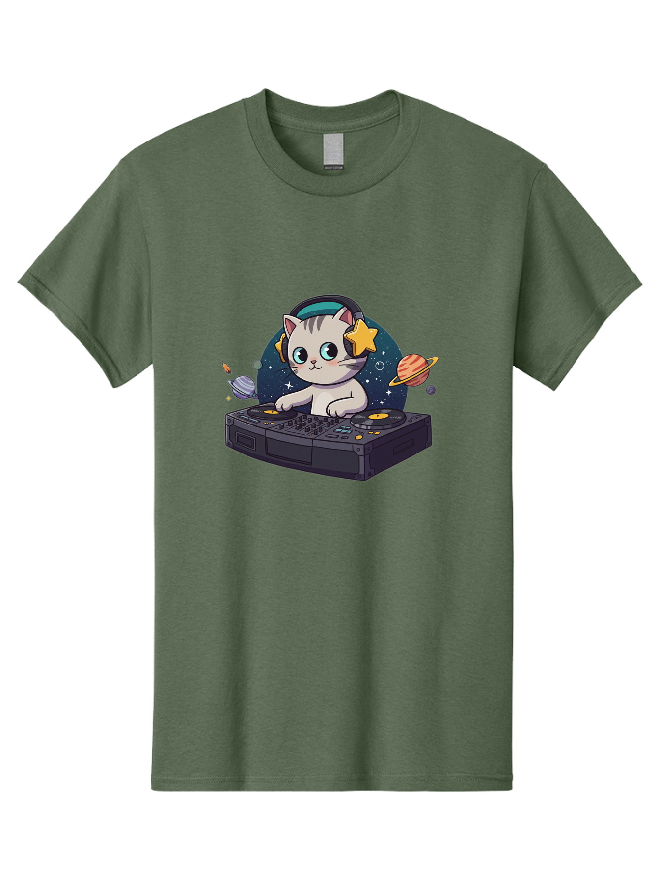 Dj-Cat Men'S Graphic Tee, 100% Cotton, Comfortable Casual Summer Wear, Machine Washable, Cat Djing, Dj Controller, Headphones, Cartoon Cat, Galaxy Background, Stars, Planets, Music, Djing, Electronic Dance Music Bad038