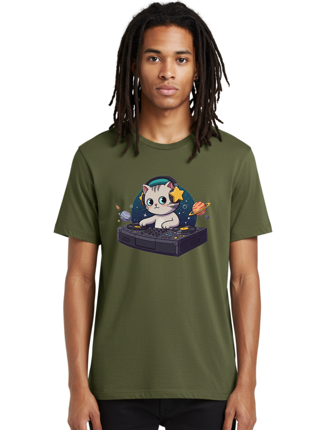 Dj-Cat Men'S Graphic Tee, 100% Cotton, Comfortable Casual Summer Wear, Machine Washable, Cat Djing, Dj Controller, Headphones, Cartoon Cat, Galaxy Background, Stars, Planets, Music, Djing, Electronic Dance Music Bad038