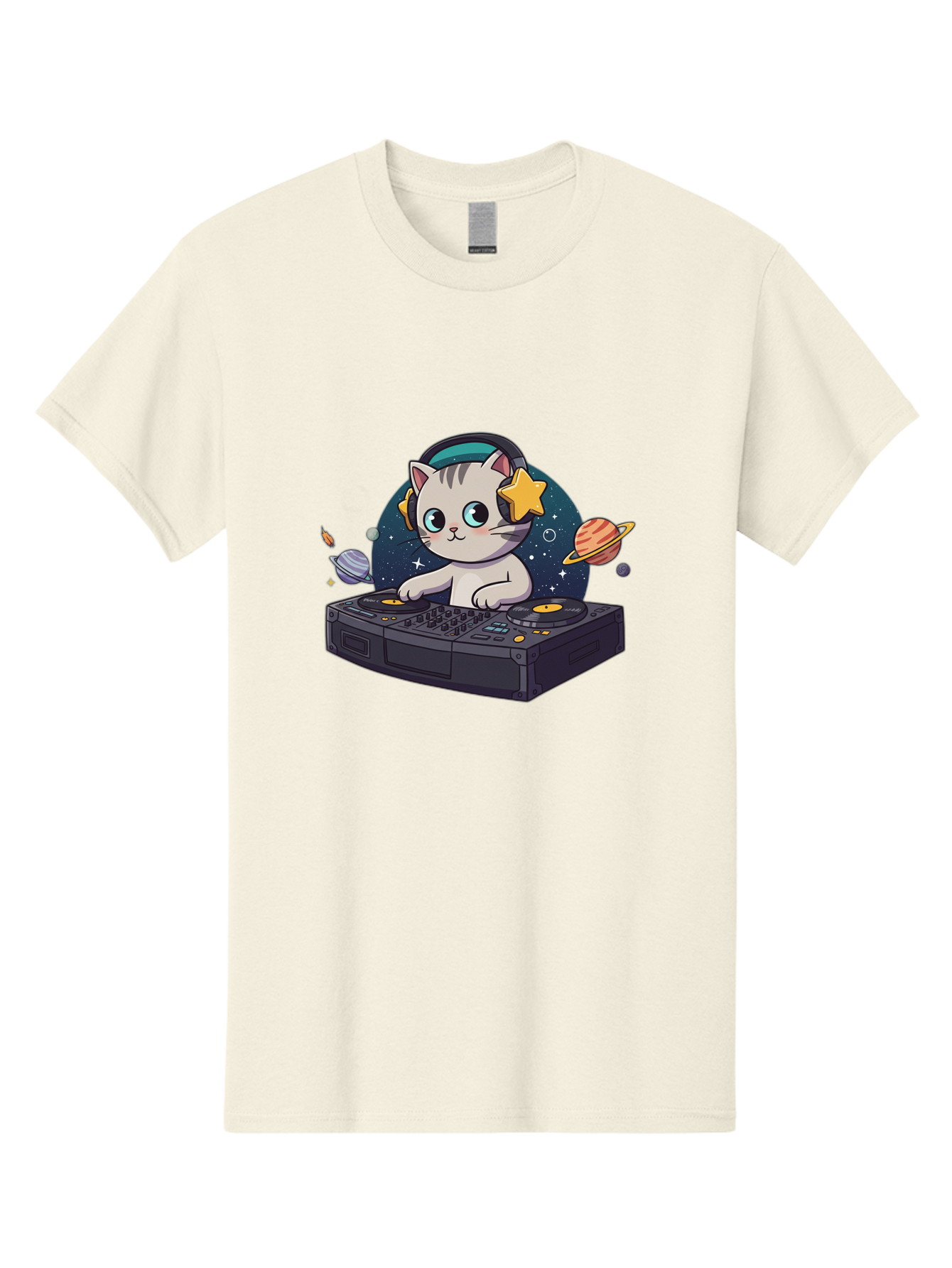 Dj-Cat Men'S Graphic Tee, 100% Cotton, Comfortable Casual Summer Wear, Machine Washable, Cat Djing, Dj Controller, Headphones, Cartoon Cat, Galaxy Background, Stars, Planets, Music, Djing, Electronic Dance Music Bad038