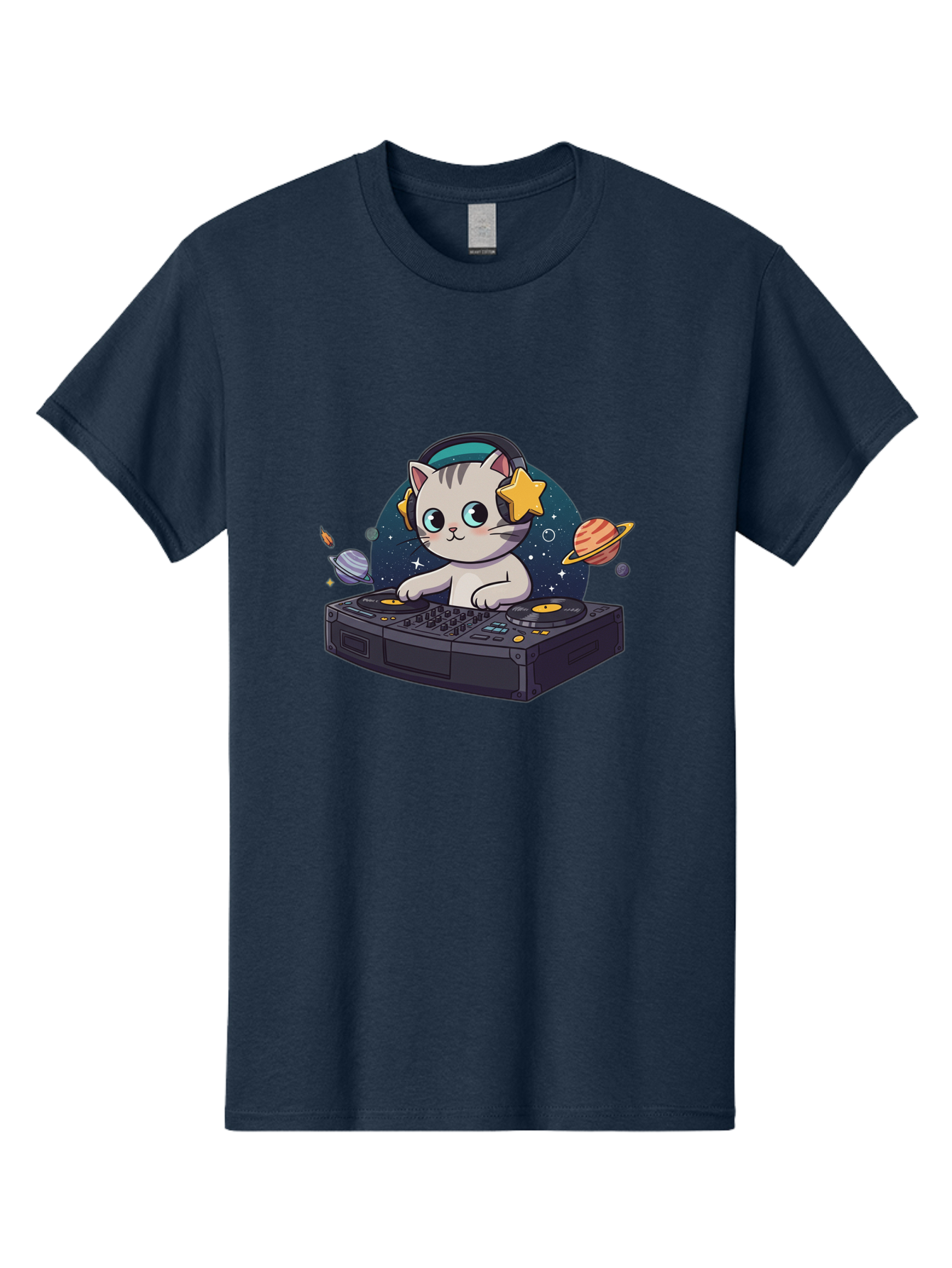 Dj-Cat Men'S Graphic Tee, 100% Cotton, Comfortable Casual Summer Wear, Machine Washable, Cat Djing, Dj Controller, Headphones, Cartoon Cat, Galaxy Background, Stars, Planets, Music, Djing, Electronic Dance Music Bad038