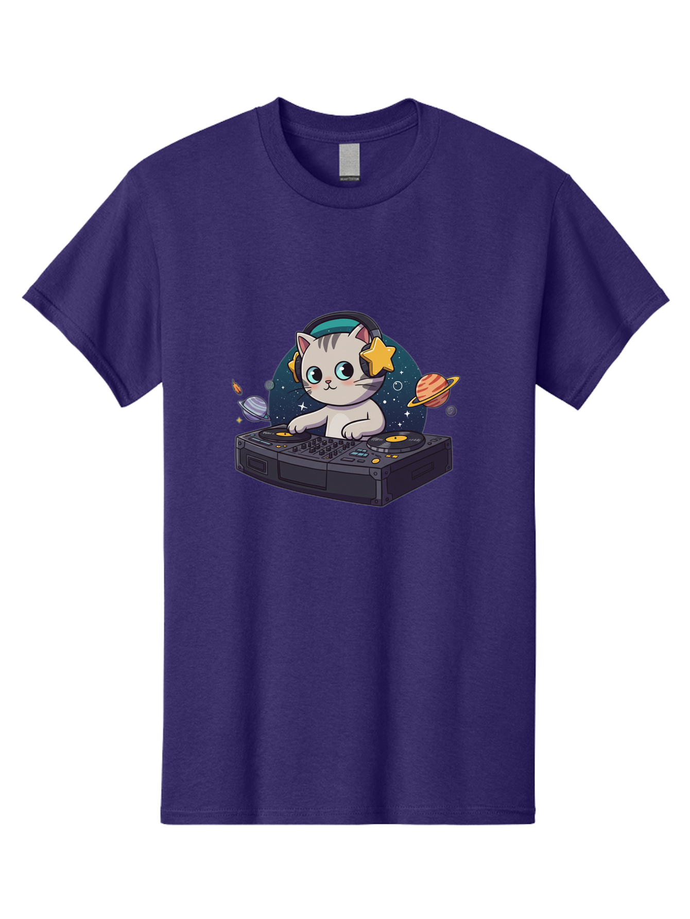 Dj-Cat Men'S Graphic Tee, 100% Cotton, Comfortable Casual Summer Wear, Machine Washable, Cat Djing, Dj Controller, Headphones, Cartoon Cat, Galaxy Background, Stars, Planets, Music, Djing, Electronic Dance Music Bad038