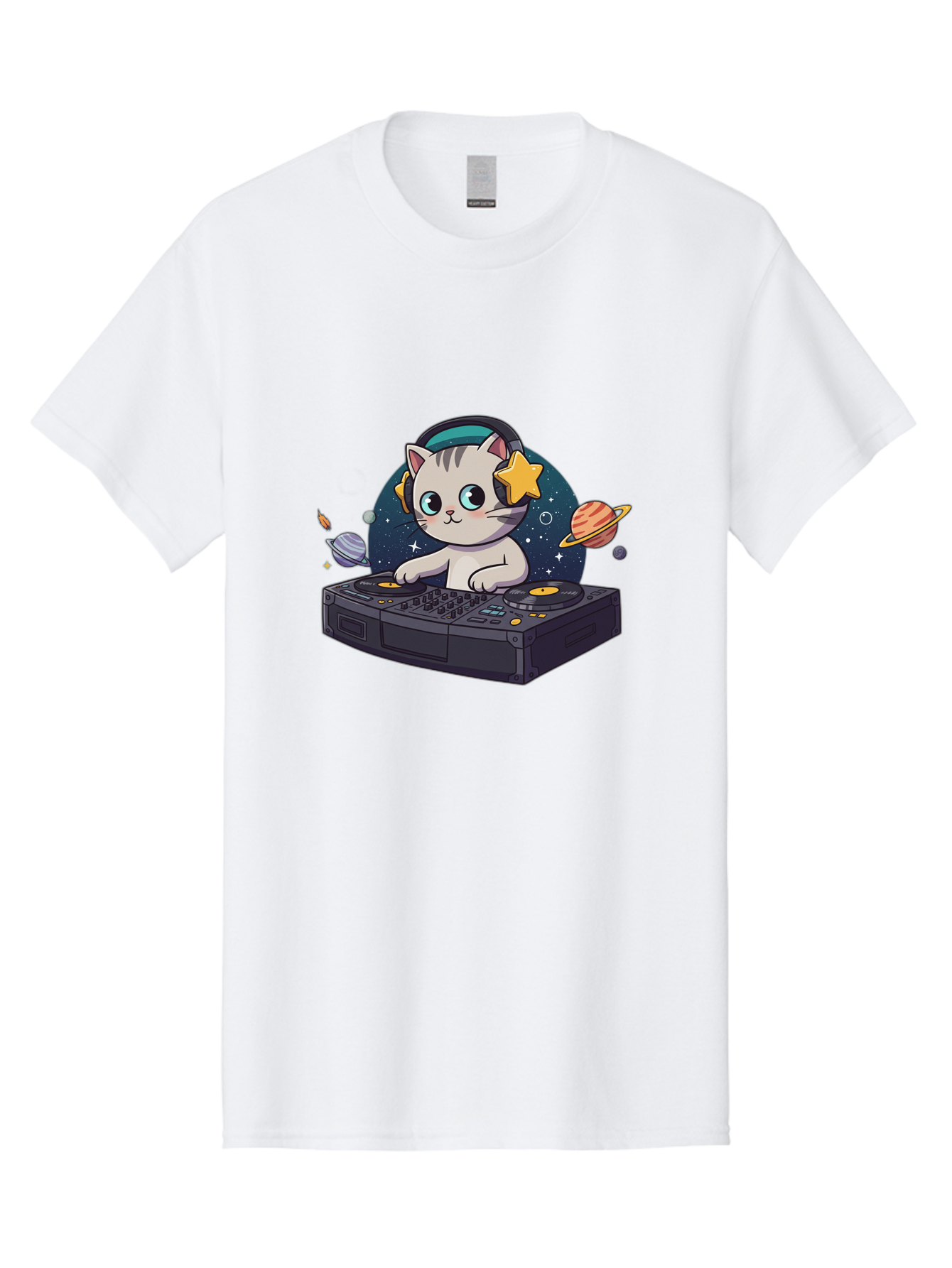 Dj-Cat Men'S Graphic Tee, 100% Cotton, Comfortable Casual Summer Wear, Machine Washable, Cat Djing, Dj Controller, Headphones, Cartoon Cat, Galaxy Background, Stars, Planets, Music, Djing, Electronic Dance Music Bad038