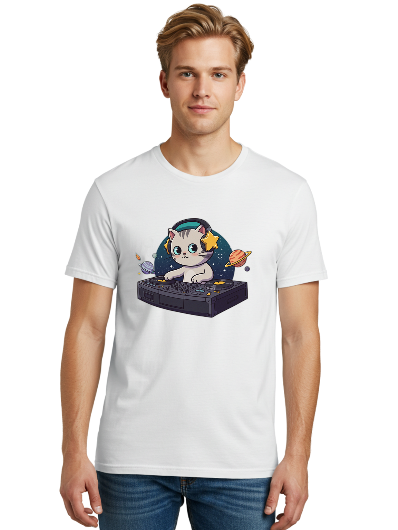 Dj-Cat Men'S Graphic Tee, 100% Cotton, Comfortable Casual Summer Wear, Machine Washable, Cat Djing, Dj Controller, Headphones, Cartoon Cat, Galaxy Background, Stars, Planets, Music, Djing, Electronic Dance Music Bad038