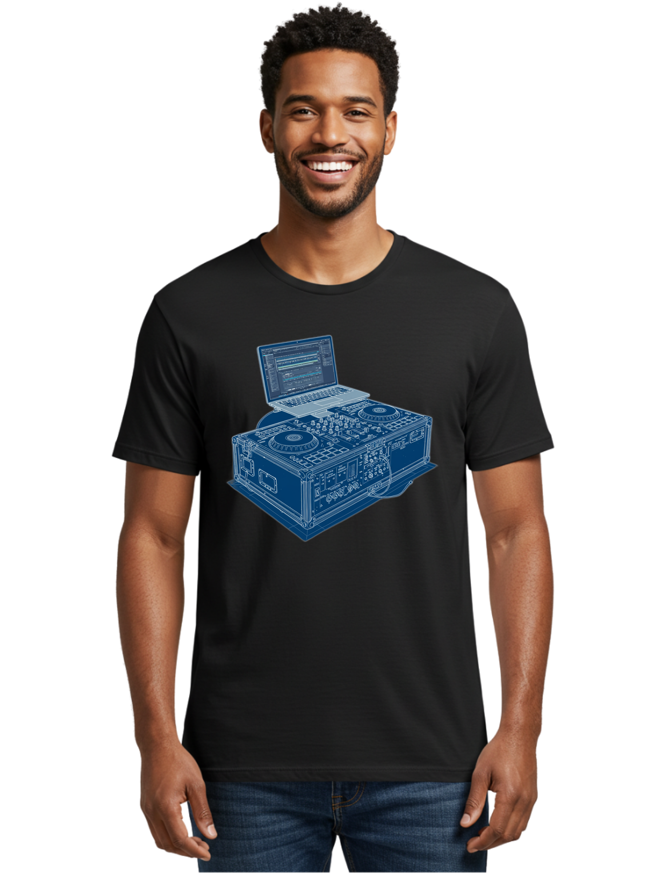 Dj-Controller-And-Laptop Men'S Graphic Tee, 100% Cotton, Comfortable Casual Summer Wear, Machine Washable, Dj Setup, Dj Software, Electronic Dance Music, Turntables, Mixing Console, Sound Equipment, Music Production, Audio Interface, Bad040