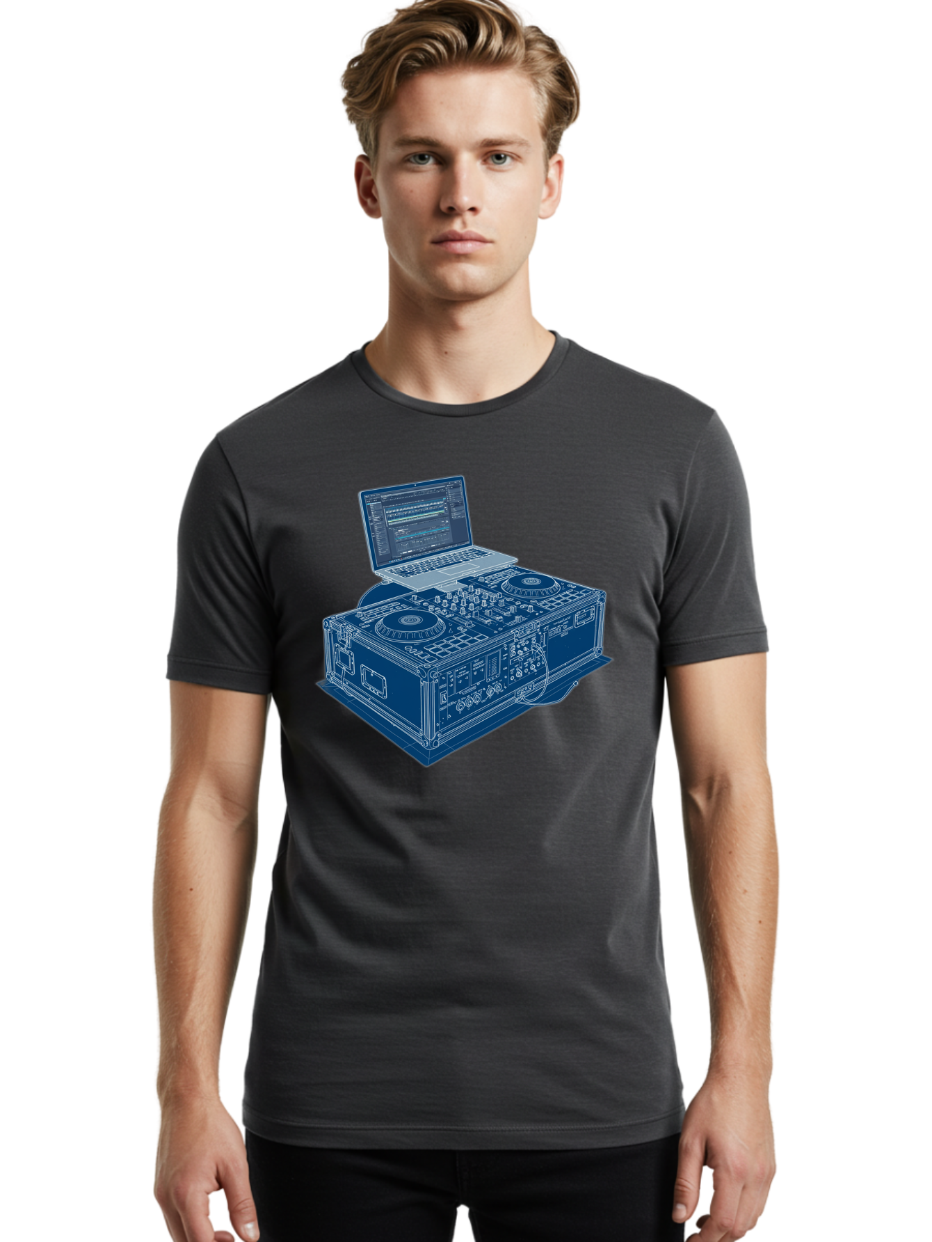 Dj-Controller-And-Laptop Men'S Graphic Tee, 100% Cotton, Comfortable Casual Summer Wear, Machine Washable, Dj Setup, Dj Software, Electronic Dance Music, Turntables, Mixing Console, Sound Equipment, Music Production, Audio Interface, Bad040