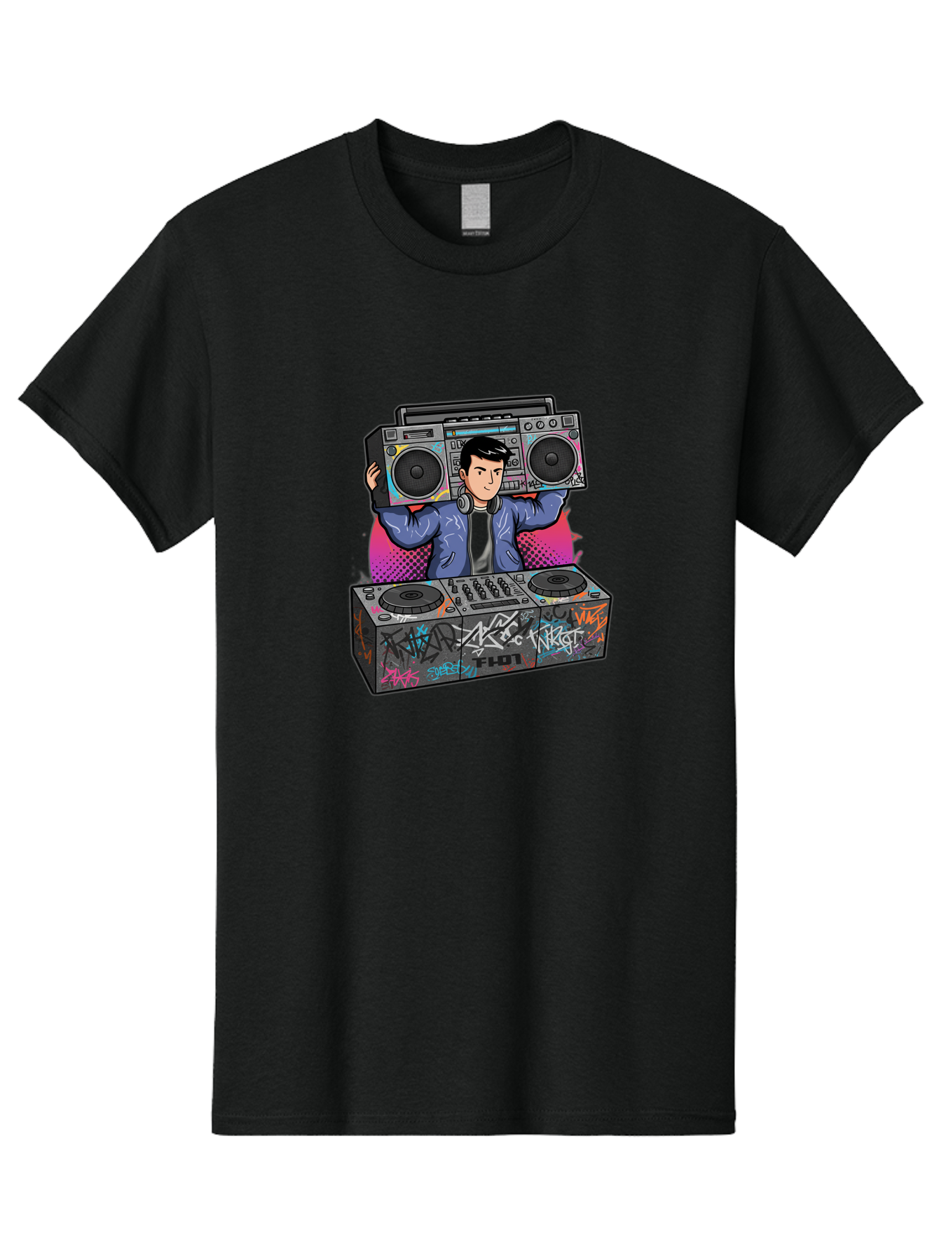 Dj-Mixing-1 Men'S Graphic Tee, 100% Cotton, Comfortable Casual Summer Wear, Machine Washable, Dj Spinning Tracks, Boombox Stereo, Graffiti Art, Turntables Mix, Dj Controller, Electronic Dance Music, Vibrant Colors, Urban Culture, Bad043
